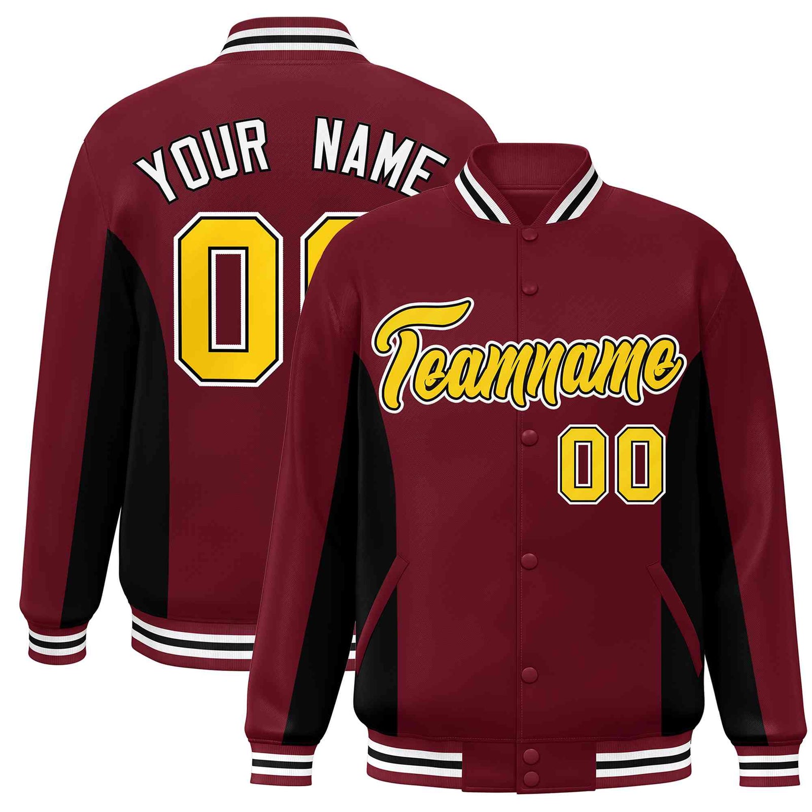 Custom Crimson Black-Gold Varsity Full-Snap Color Block Letterman Baseball Jacket