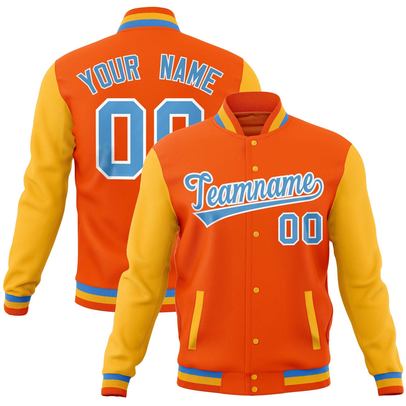 Custom Orange Gold Varsity Full-Snap Raglan Sleeves Letterman Baseball Jacket