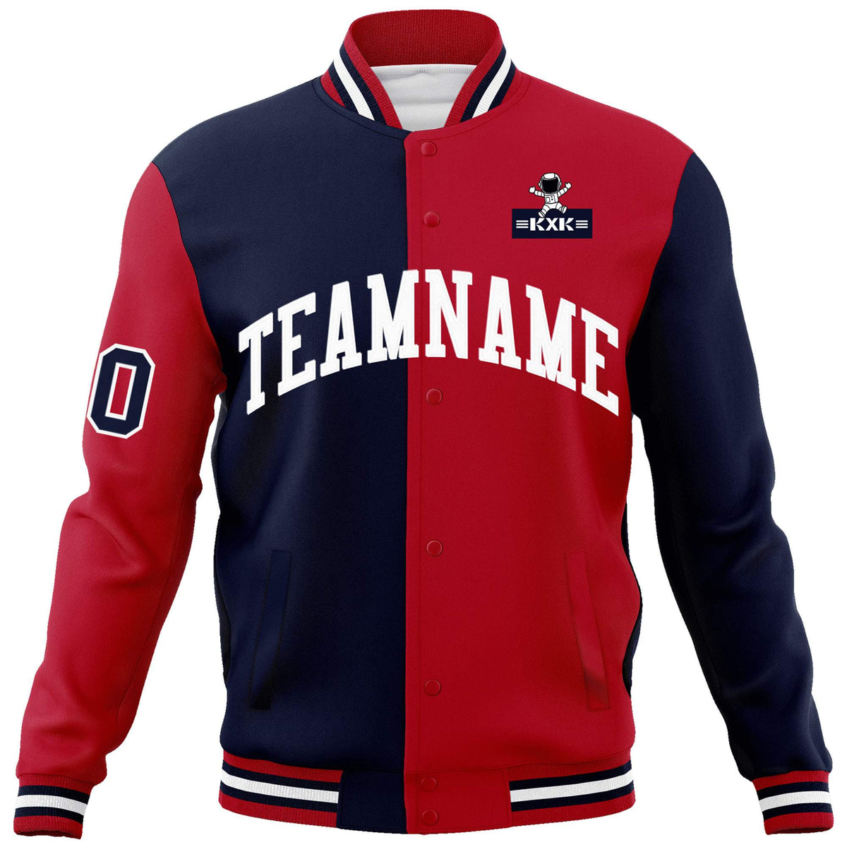 Custom Navy Red Two Tone Split Fashion Varsity Letterman Jacket with Raglan Sleeves