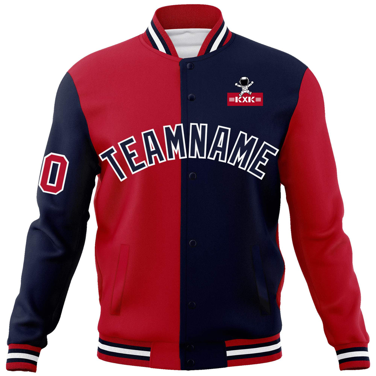 Custom Red Navy Two Tone Split Fashion Varsity Letterman Jacket with Raglan Sleeves