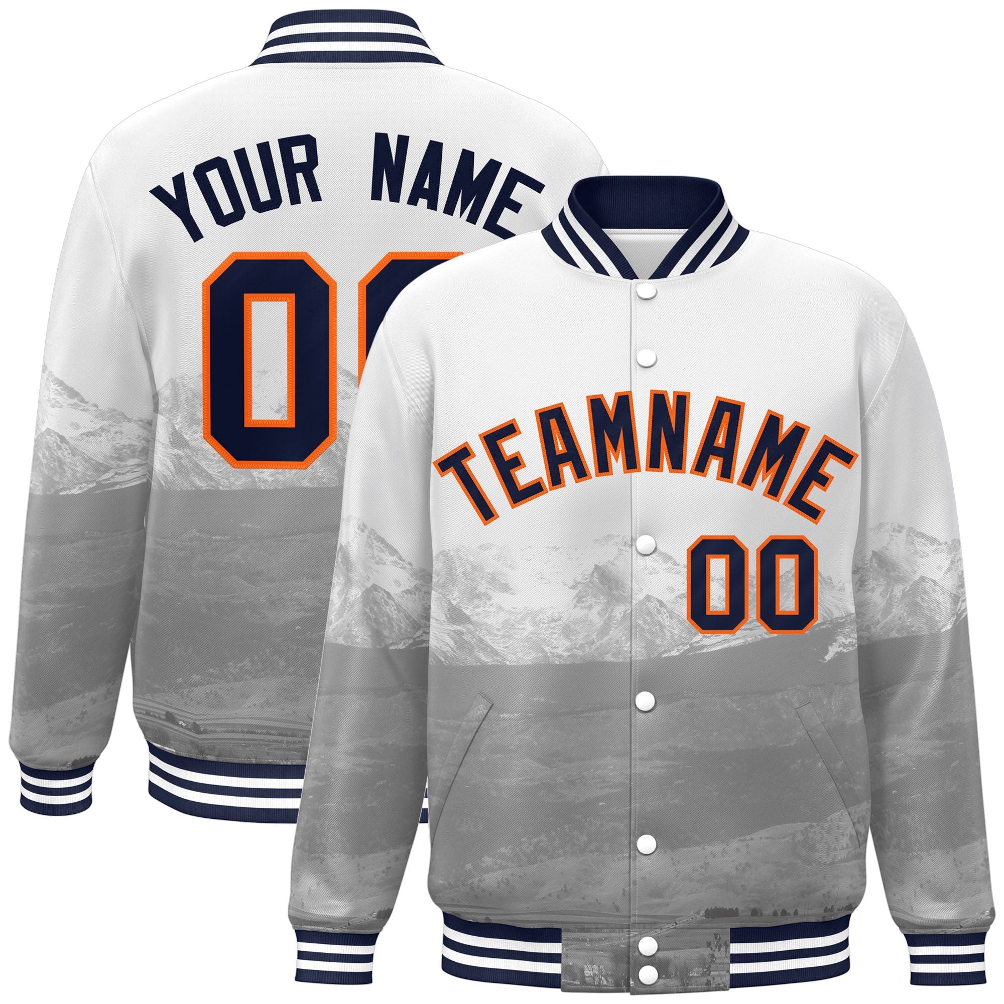 Custom White Navy-Orange Denver City Connect Track Varsity Full-Snap Jacket