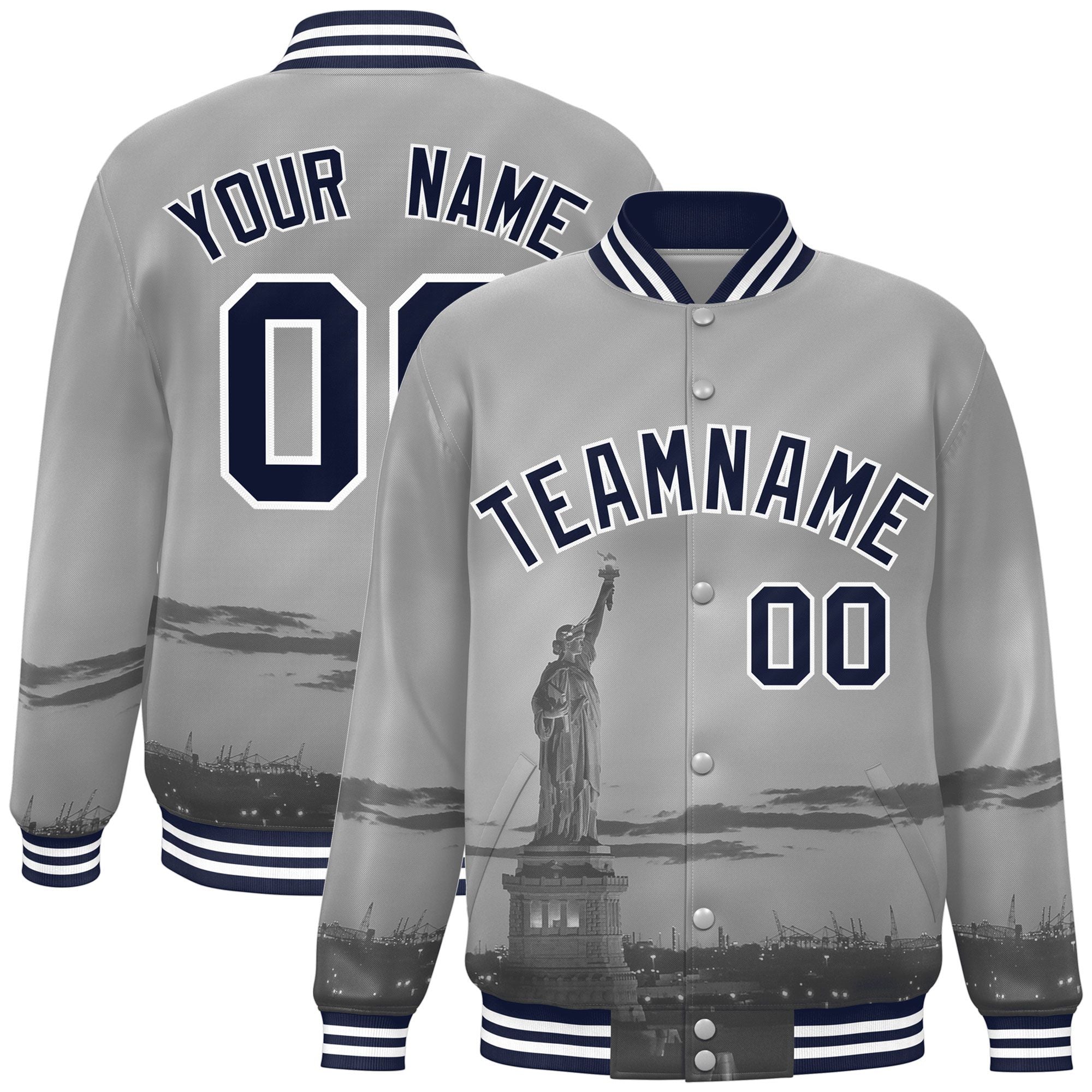 Custom Gray Navy-White New York City Connect Track Varsity Full-Snap Jacket