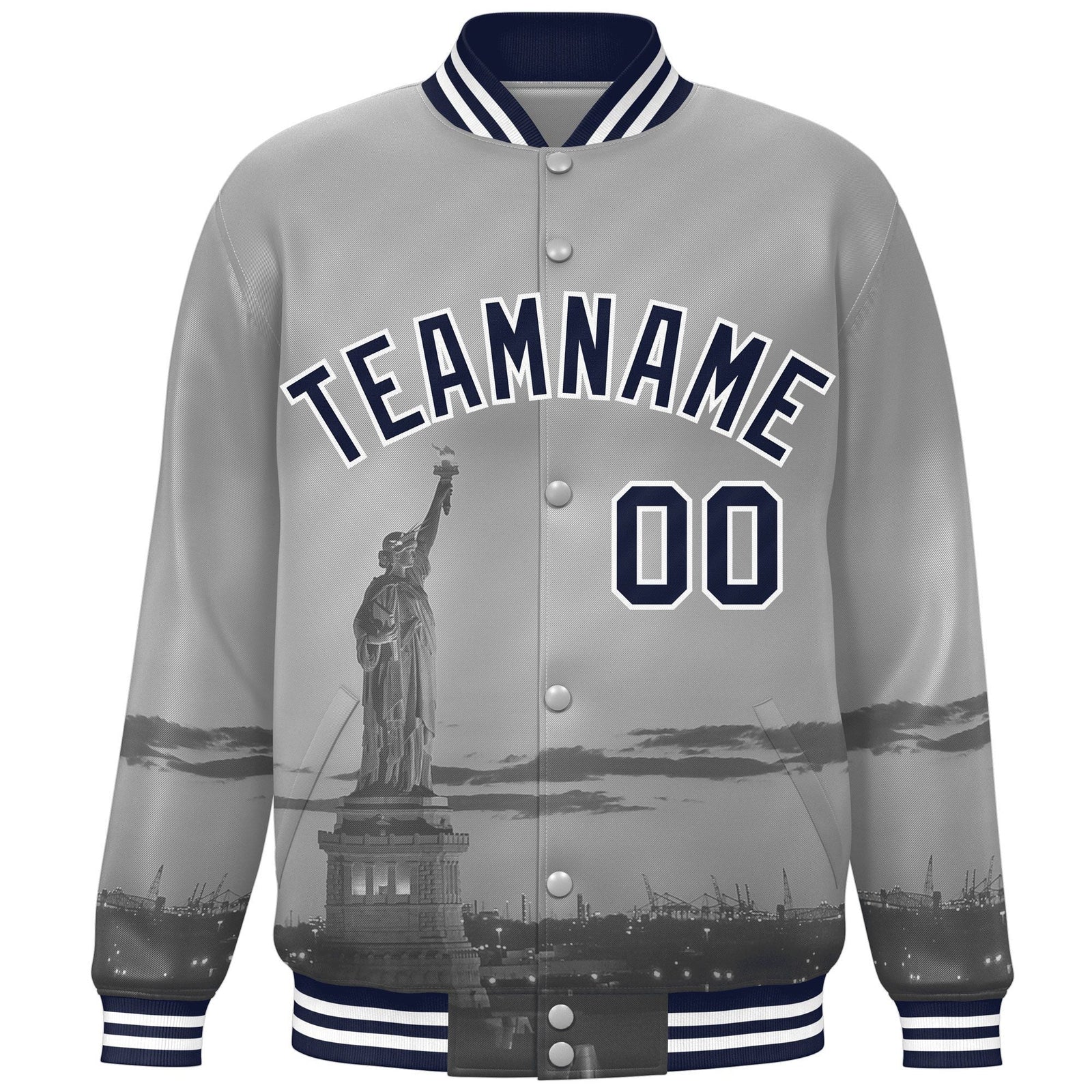 Custom Gray Navy-White New York City Connect Track Varsity Full-Snap Jacket