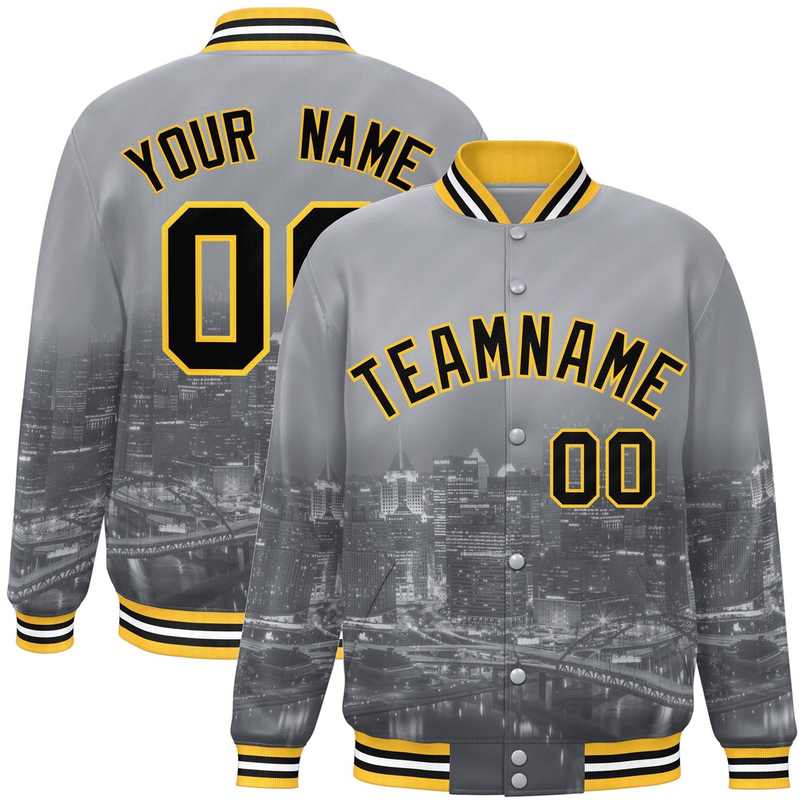Custom Gray Black-Gold Pittsburgh City Connect Track Varsity Full-Snap Jacket