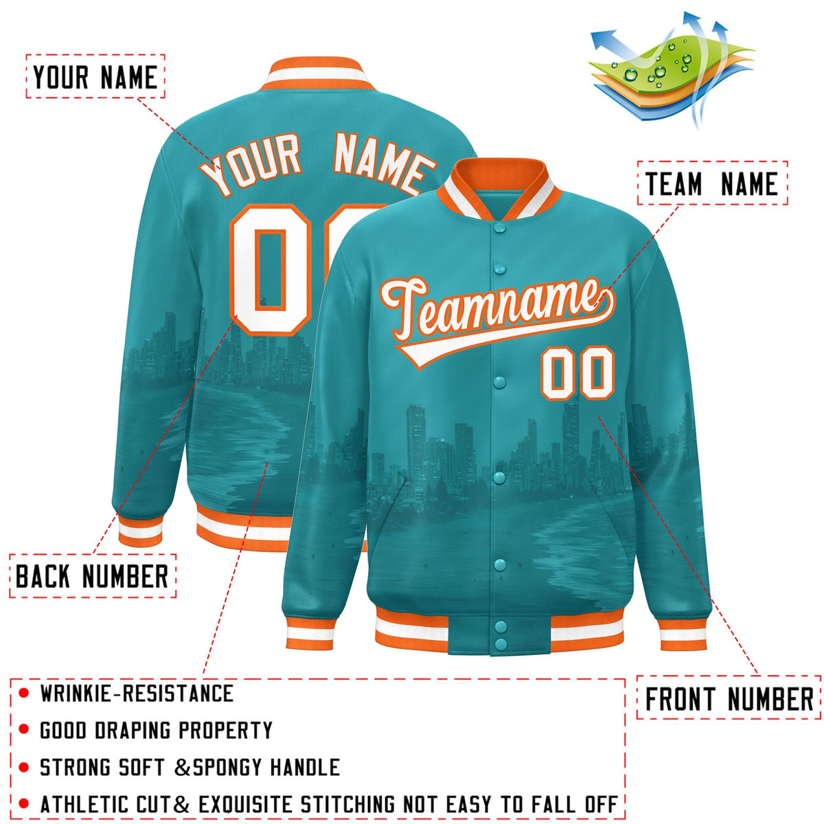 Custom Aqua White-Orange Miami City Connect Track Varsity Full-Snap Jacket