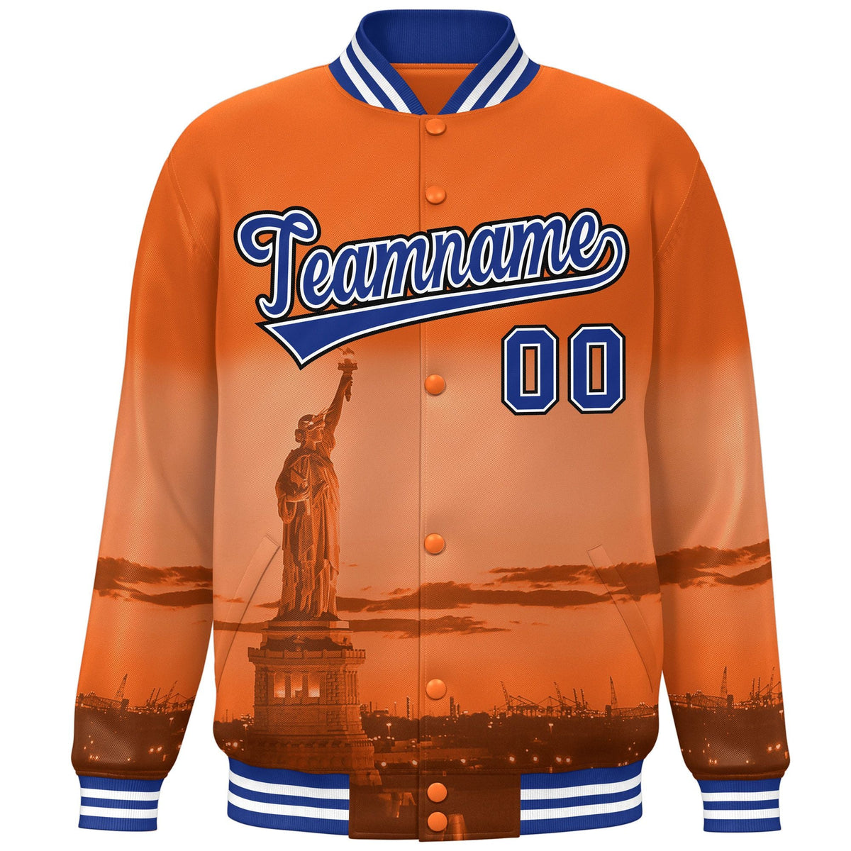 Custom Orange Royal-Black New York City Connect Track Varsity Full-Snap Jacket