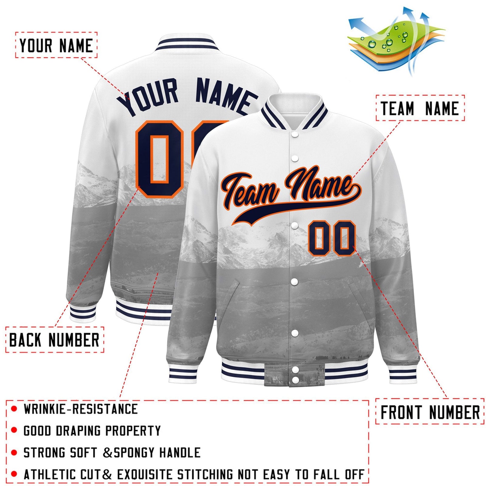 Custom White Navy-Orange Denver City Connect Track Varsity Full-Snap Jacket