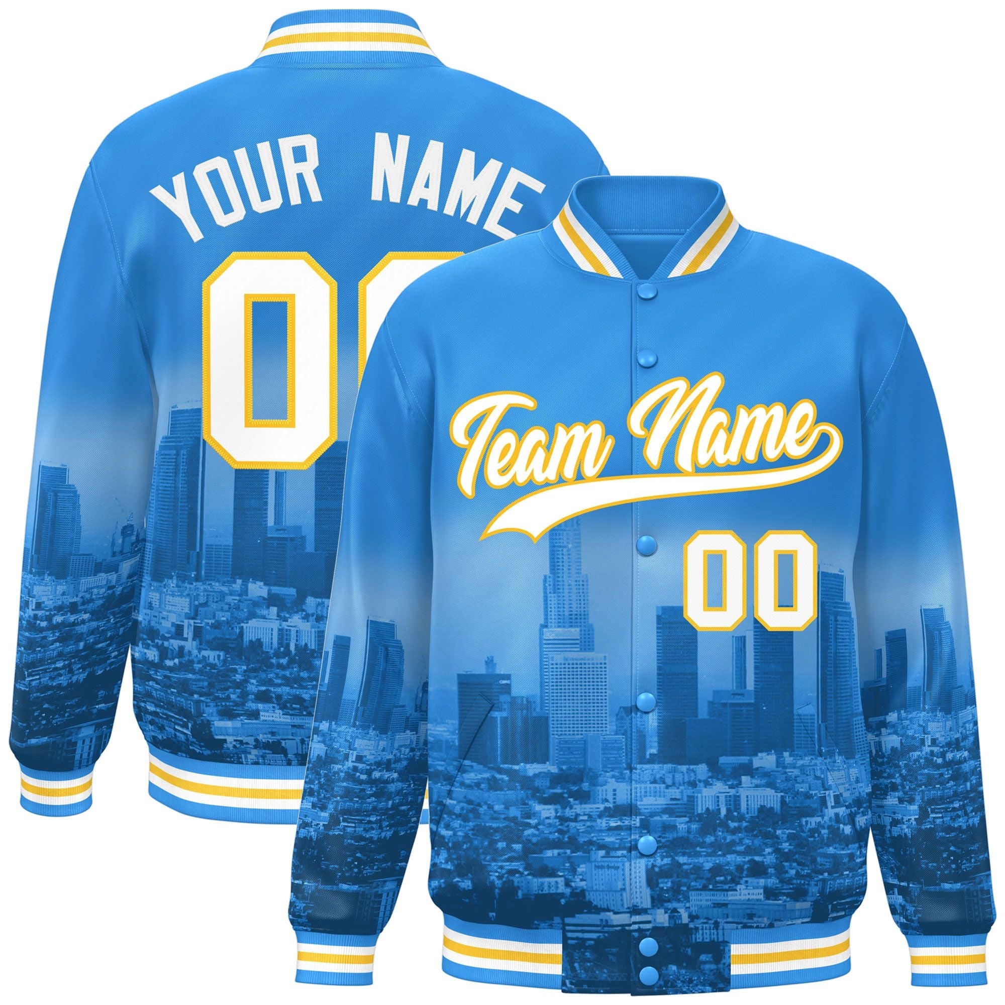 Custom Powder Blue White-Gold Los Angeles City Connect Track Varsity Full-Snap Jacket