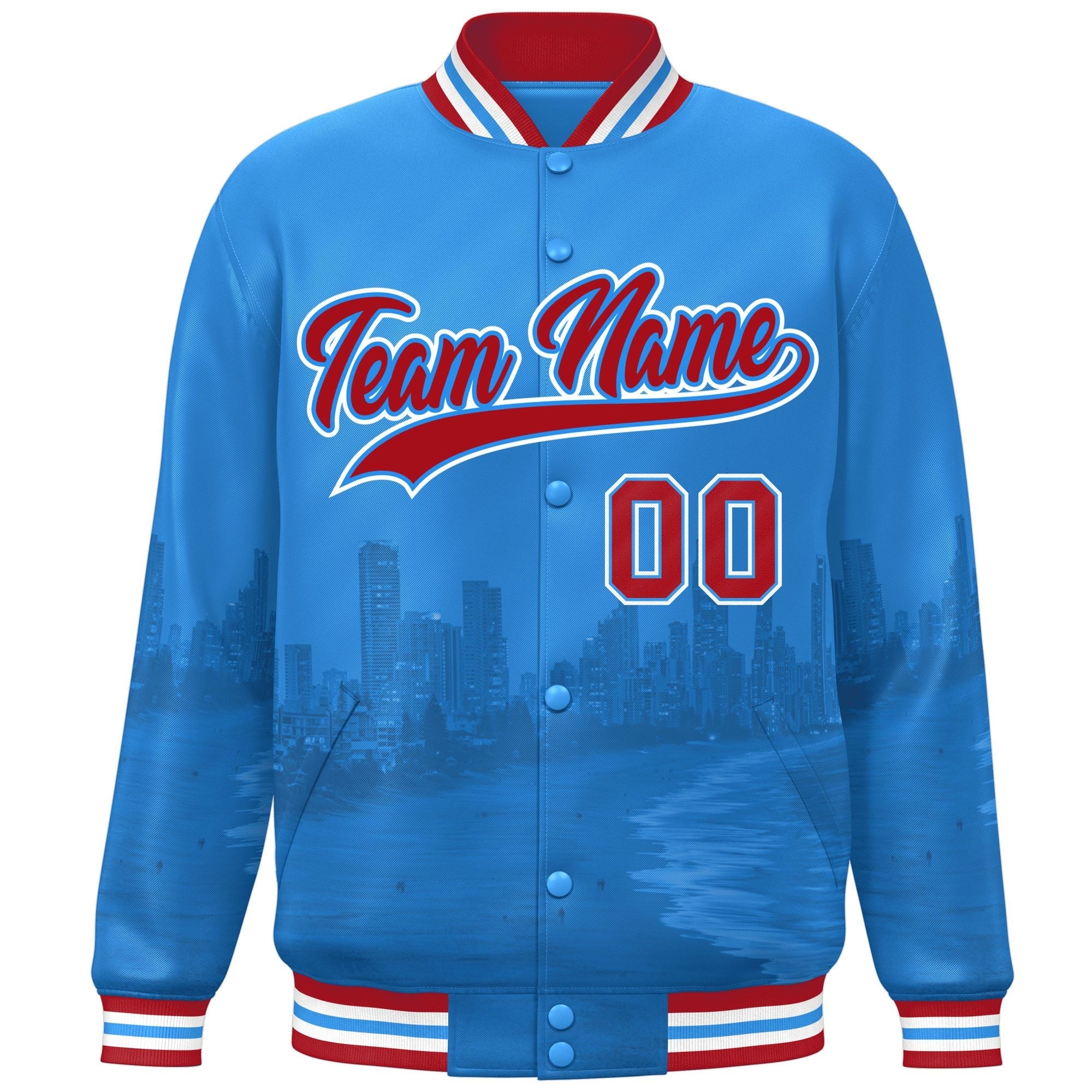 Custom Powder Blue Red-White Miami City Connect Track Varsity Full-Snap Jacket