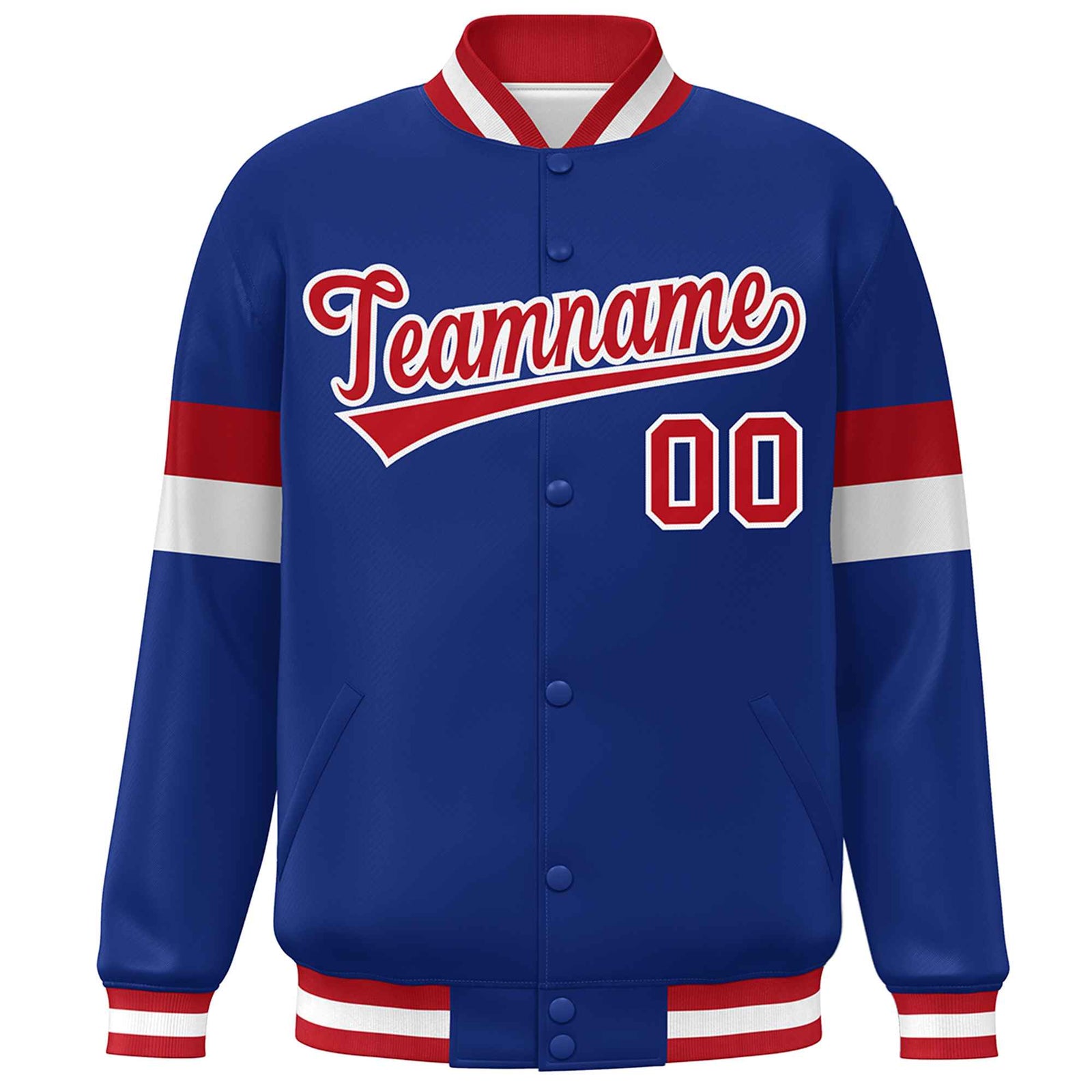 Custom Royal Red-White Color Block Bomber Varsity Full-Snap Baseball Jacket