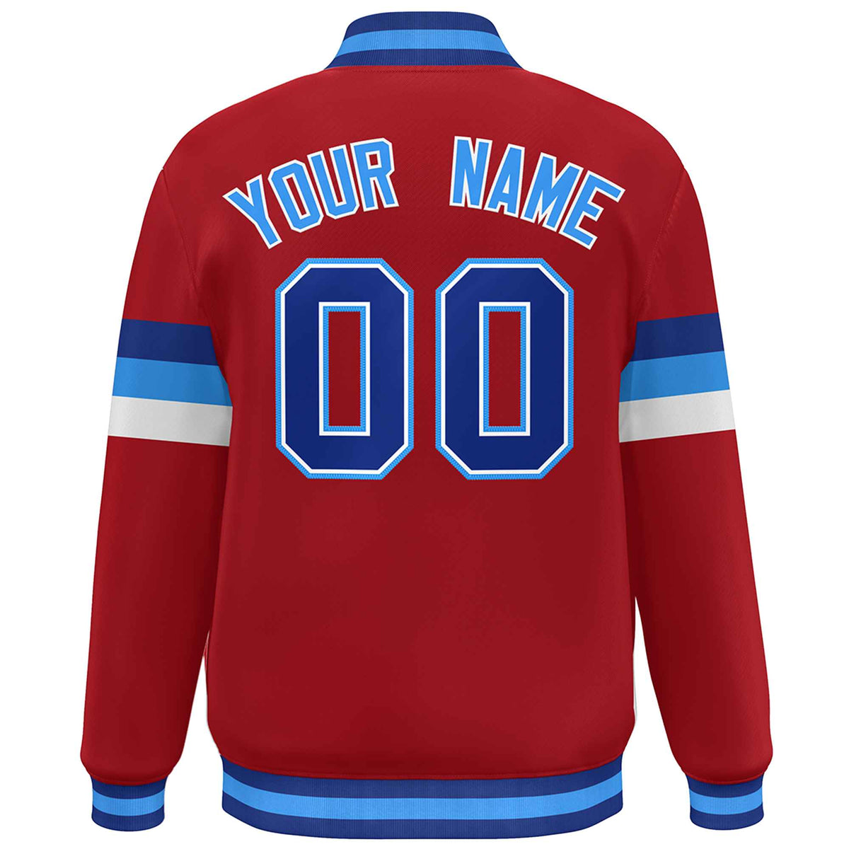 Custom Red Royal-Powder Blue Color Block Bomber Varsity Full-Snap Baseball Jacket