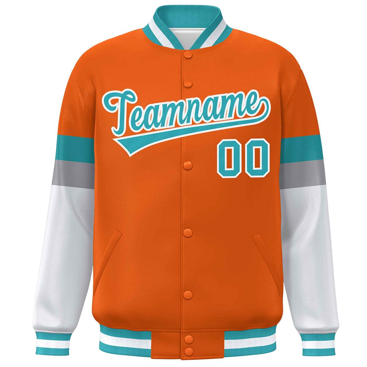 Custom Orange Aqua-White Color Block Bomber Varsity Full-Snap Baseball Jacket