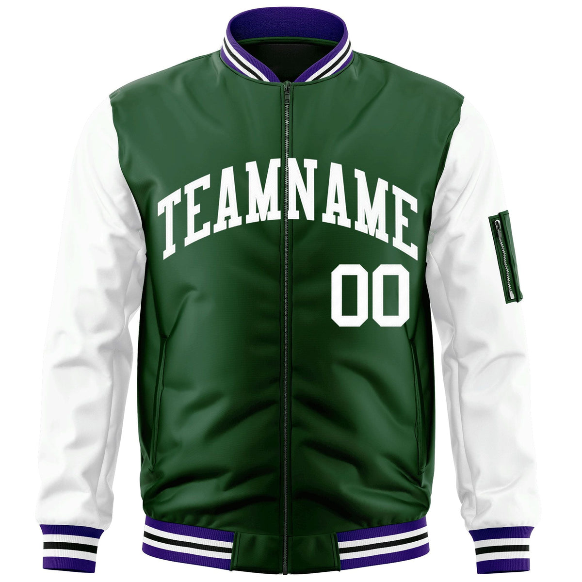 Custom Green-White Varsity Full-Zip Raglan Sleeves Letterman Bomber Jacket