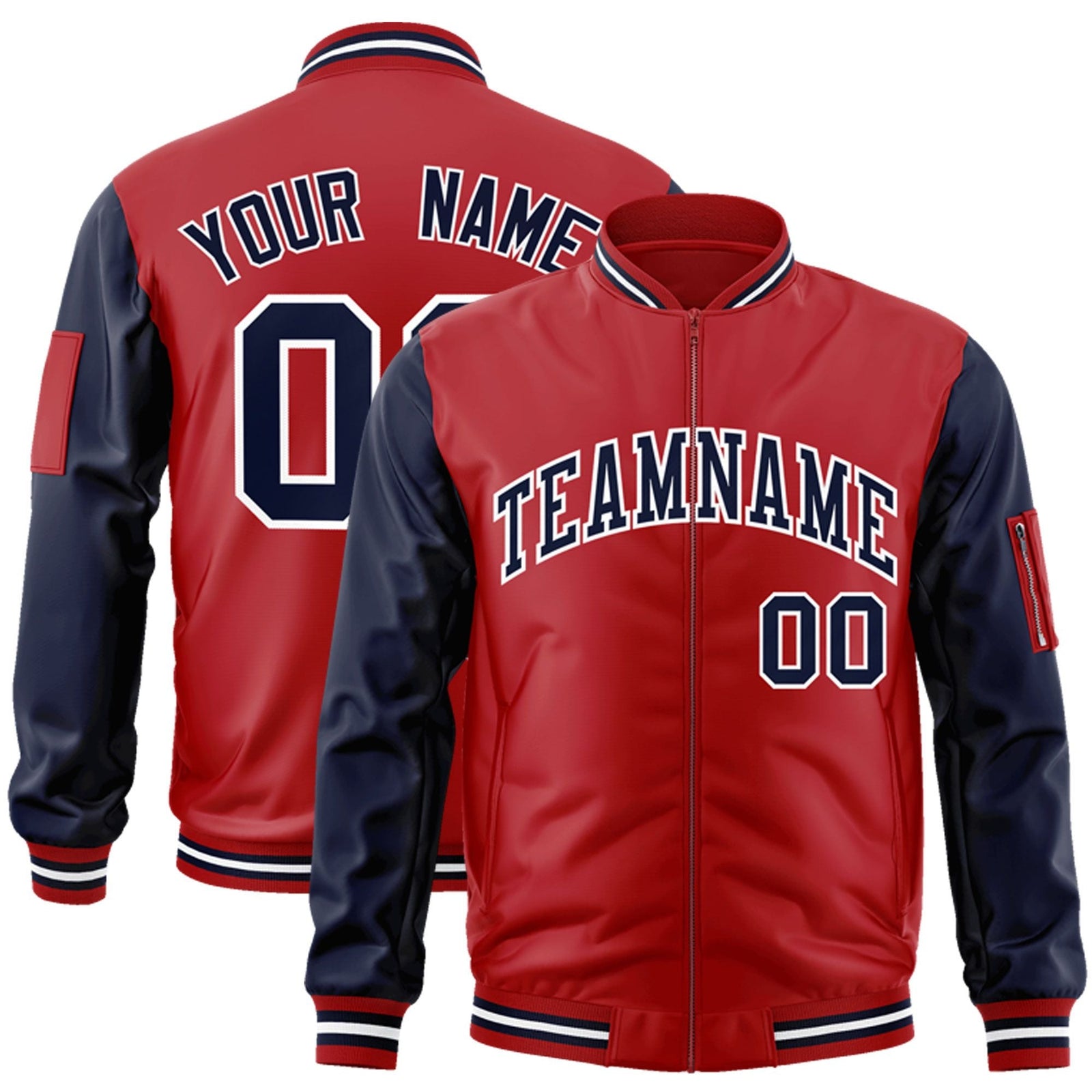 Custom Red Navy-White Varsity Full-Zip Raglan Sleeves Letterman Bomber Jacket