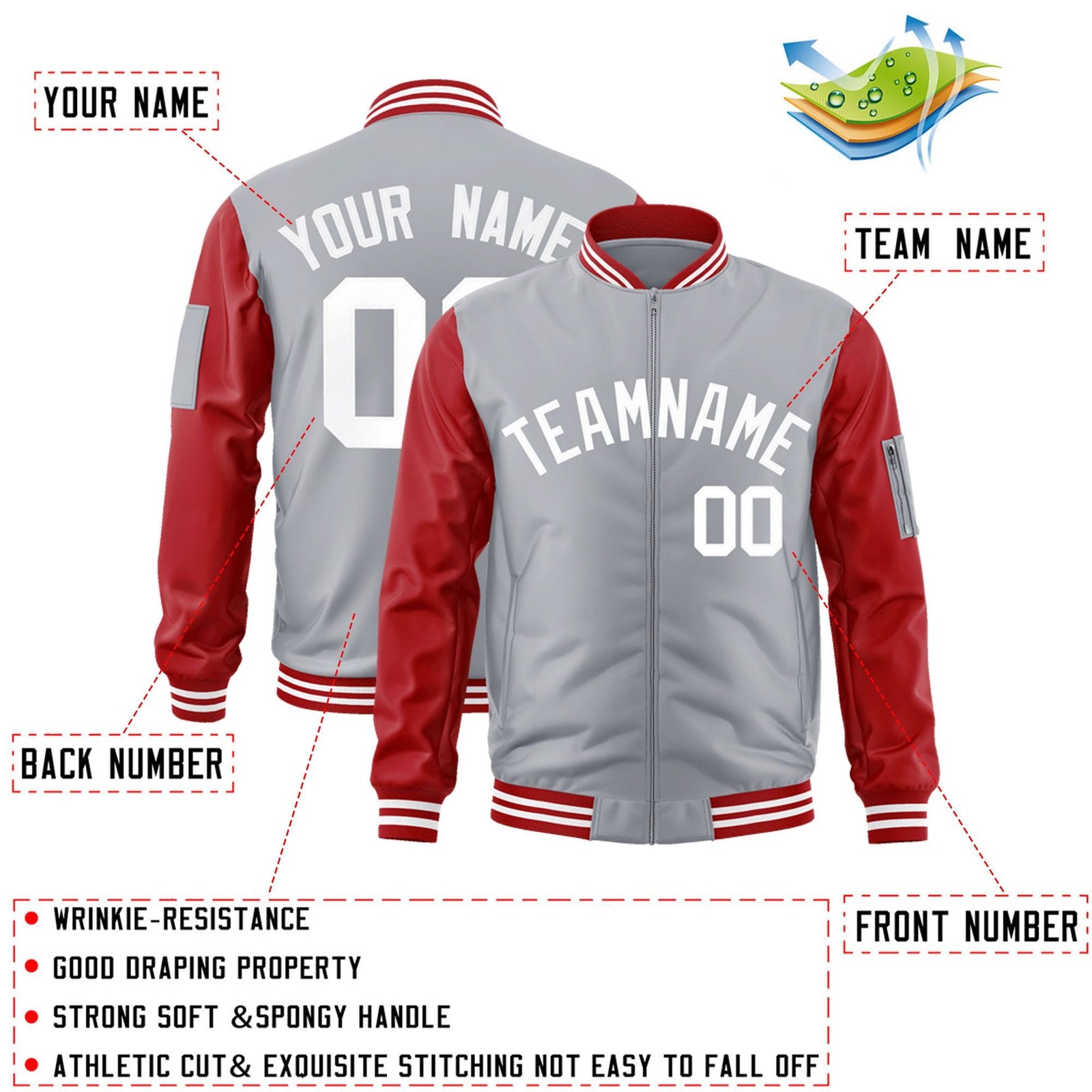 Custom Gray Red-White Varsity Full-Zip Raglan Sleeves Letterman Bomber Jacket