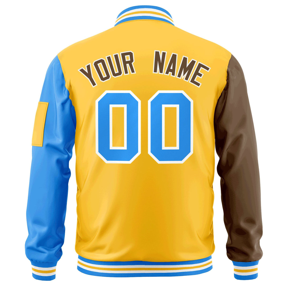 Custom Gold Brown-Powder Blue Varsity Full-Zip Raglan Sleeves Letterman Bomber Jacket