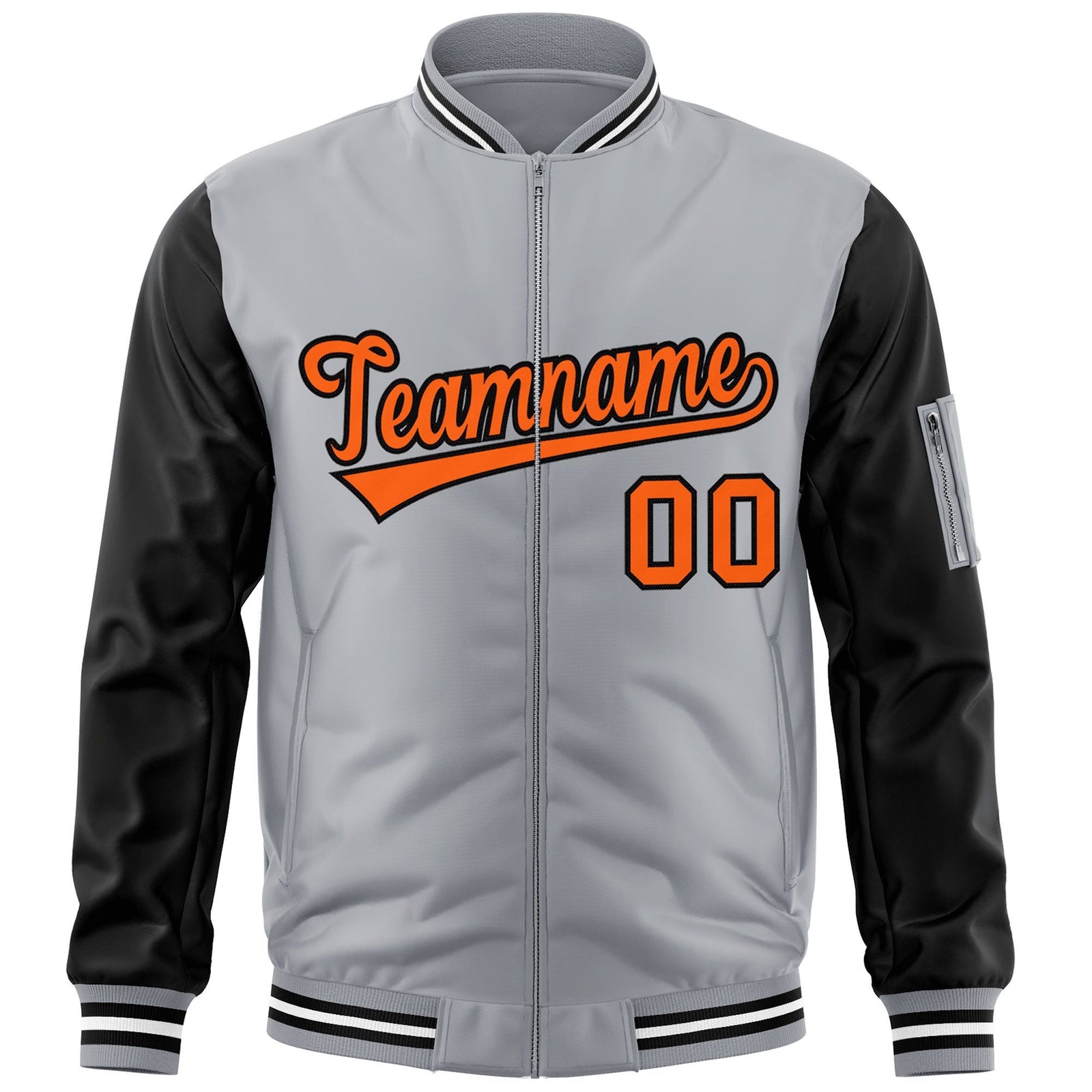 Custom Gray Black-Orange Varsity Full-Zip Raglan Sleeves Letterman Bomber Jacket