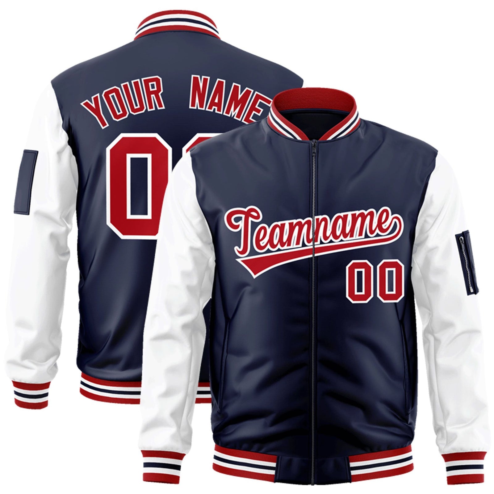 Custom Navy White-Red Varsity Full-Zip Raglan Sleeves Letterman Bomber Jacket