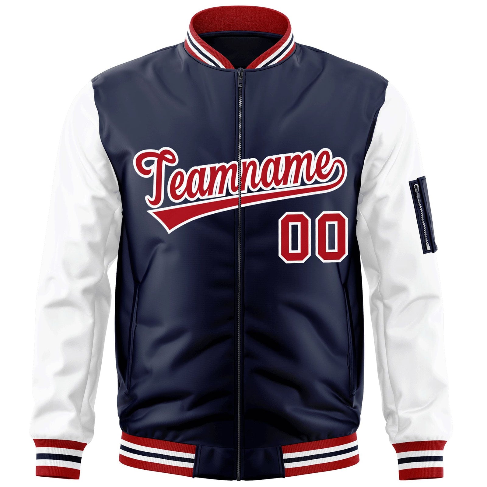 Custom Navy White-Red Varsity Full-Zip Raglan Sleeves Letterman Bomber Jacket