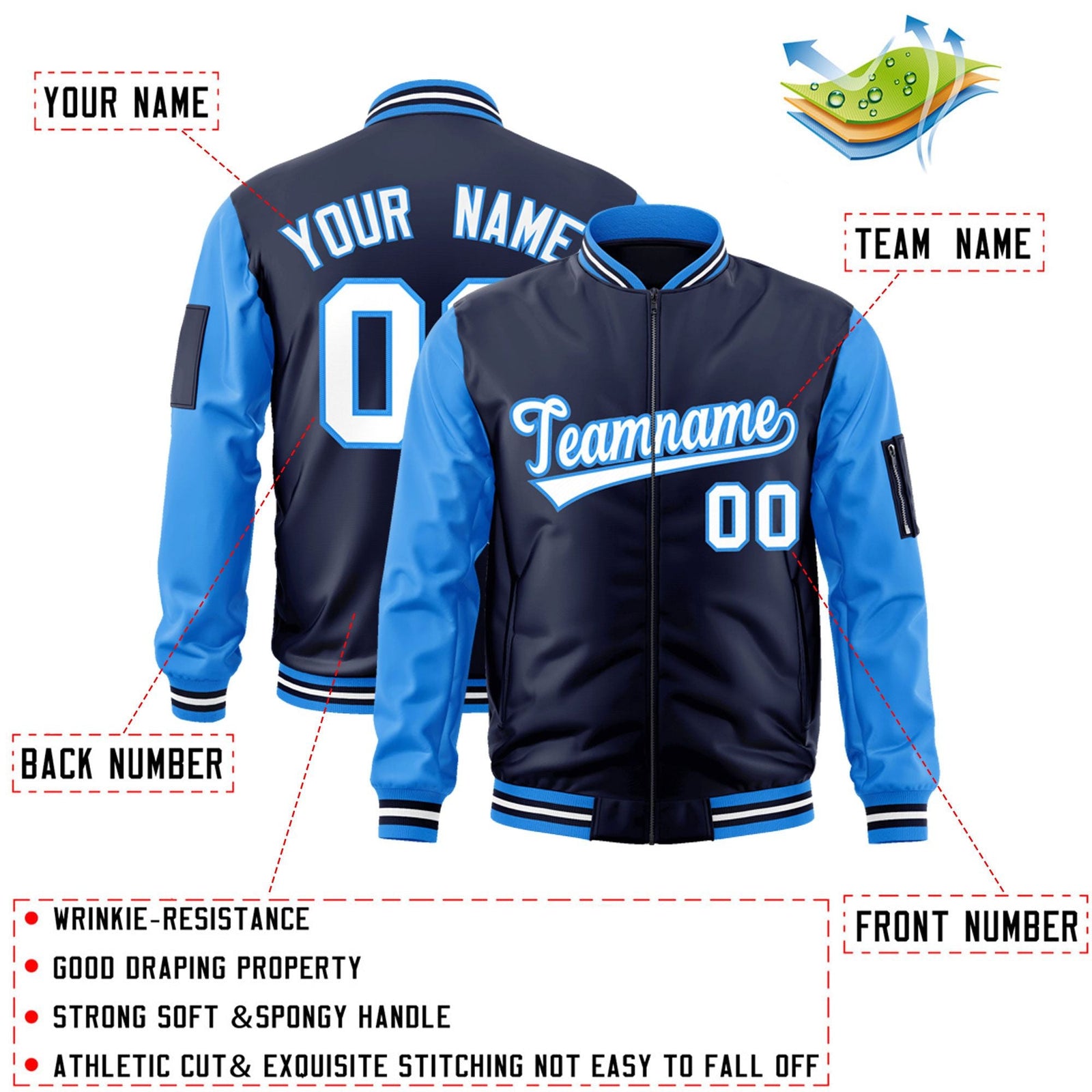 Custom Navy Powder Blue-White Varsity Full-Zip Raglan Sleeves Letterman Bomber Jacket