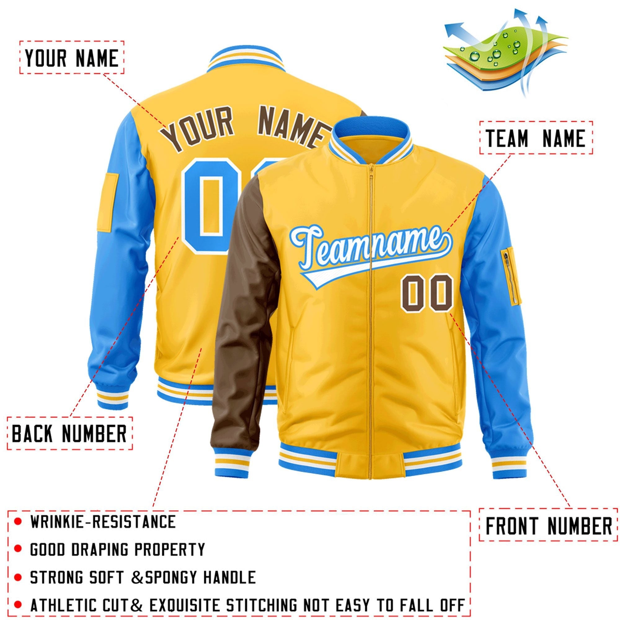 Custom Gold Brown-Powder Blue Varsity Full-Zip Raglan Sleeves Letterman Bomber Jacket