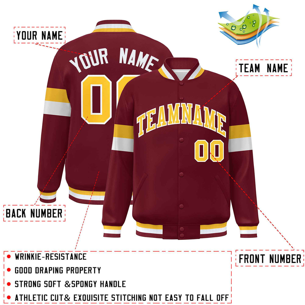 Custom Crimson Gold-White Color Block Bomber Varsity Full-Snap Baseball Jacket