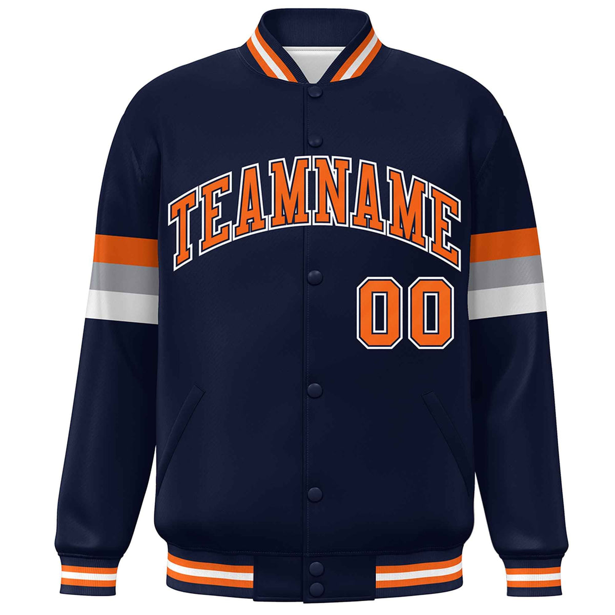 Custom Navy Orange-White Color Block Bomber Varsity Full-Snap Baseball Jacket