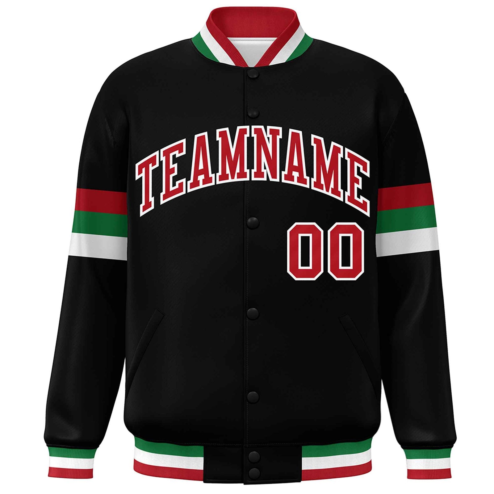 Custom Black Red-White Color Block Bomber Varsity Full-Snap Baseball Jacket
