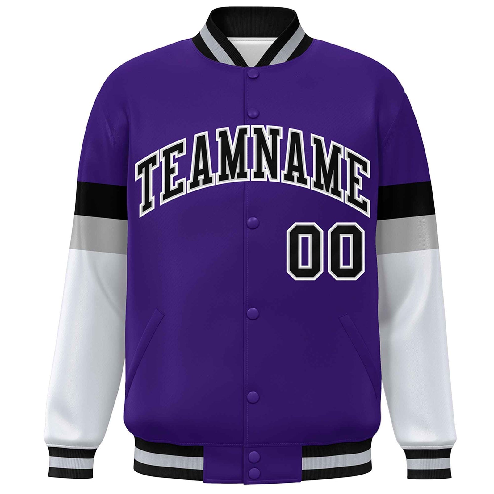 Custom Purple Black-White Color Block Bomber Varsity Full-Snap Baseball Jacket