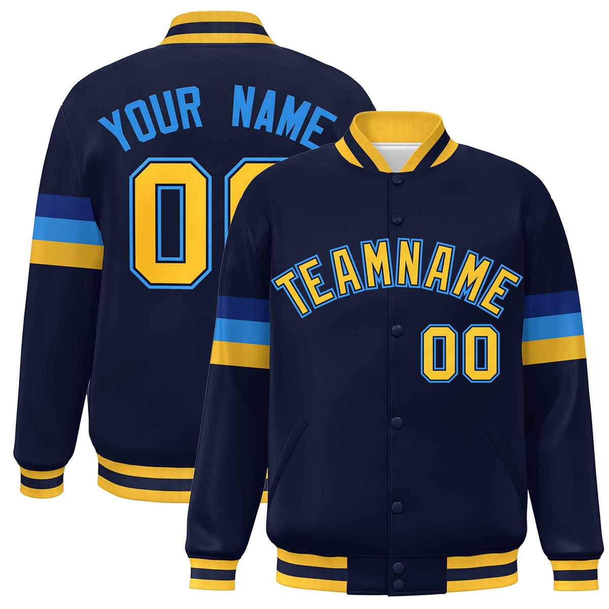 Custom Navy Gold-Powder Blue Color Block Bomber Varsity Full-Snap Baseball Jacket