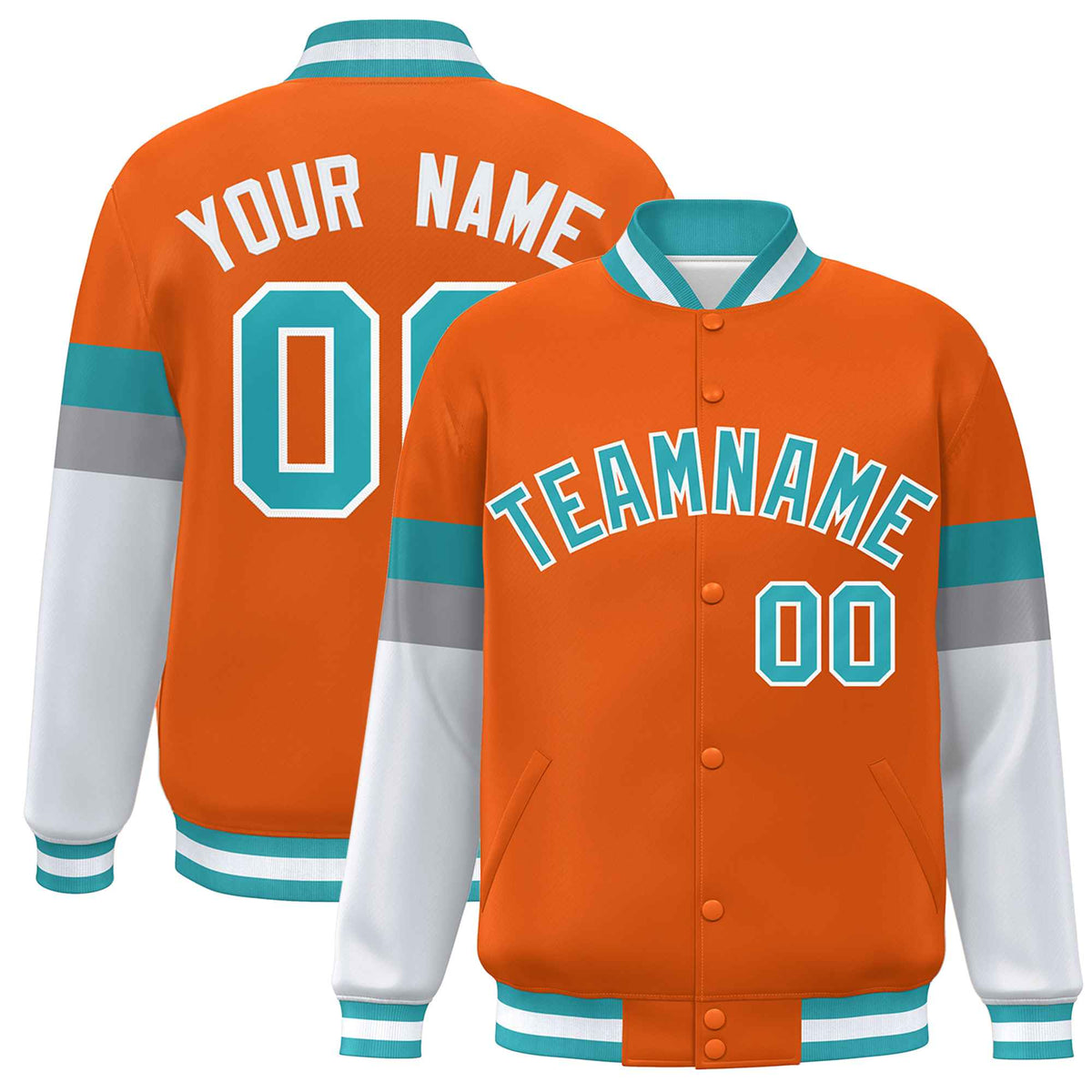 Custom Orange Aqua-White Color Block Bomber Varsity Full-Snap Baseball Jacket