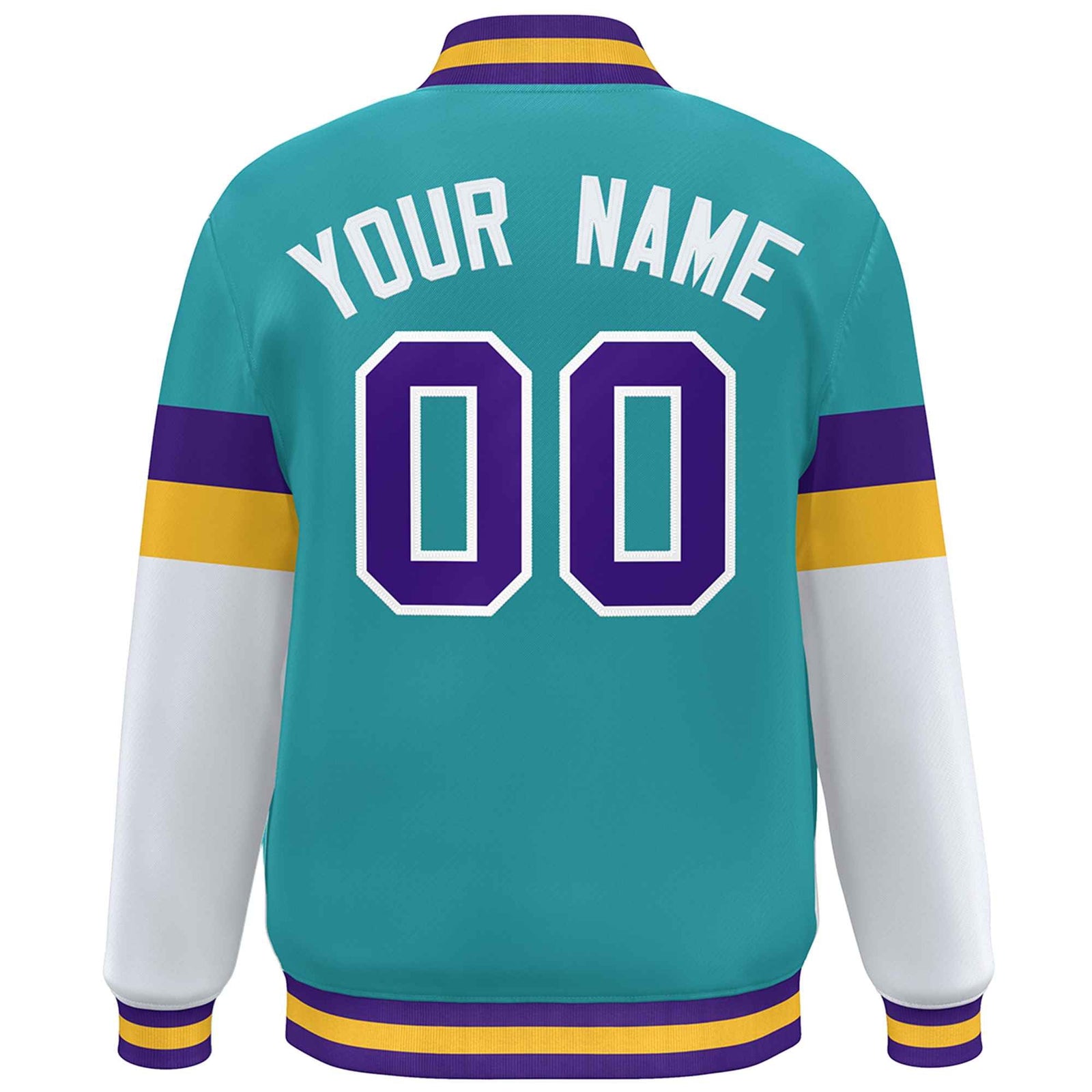 Custom Aqua Purple-White Color Block Bomber Varsity Full-Snap Baseball Jacket