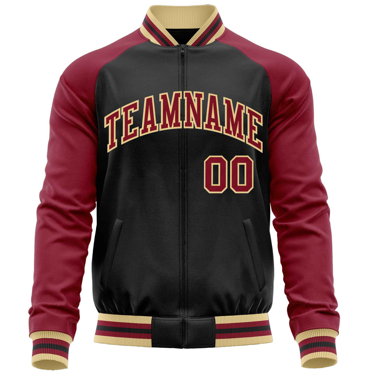 Custom Black Crimson Varsity Full-Zip Raglan Sleeves Letterman Baseball Jacket