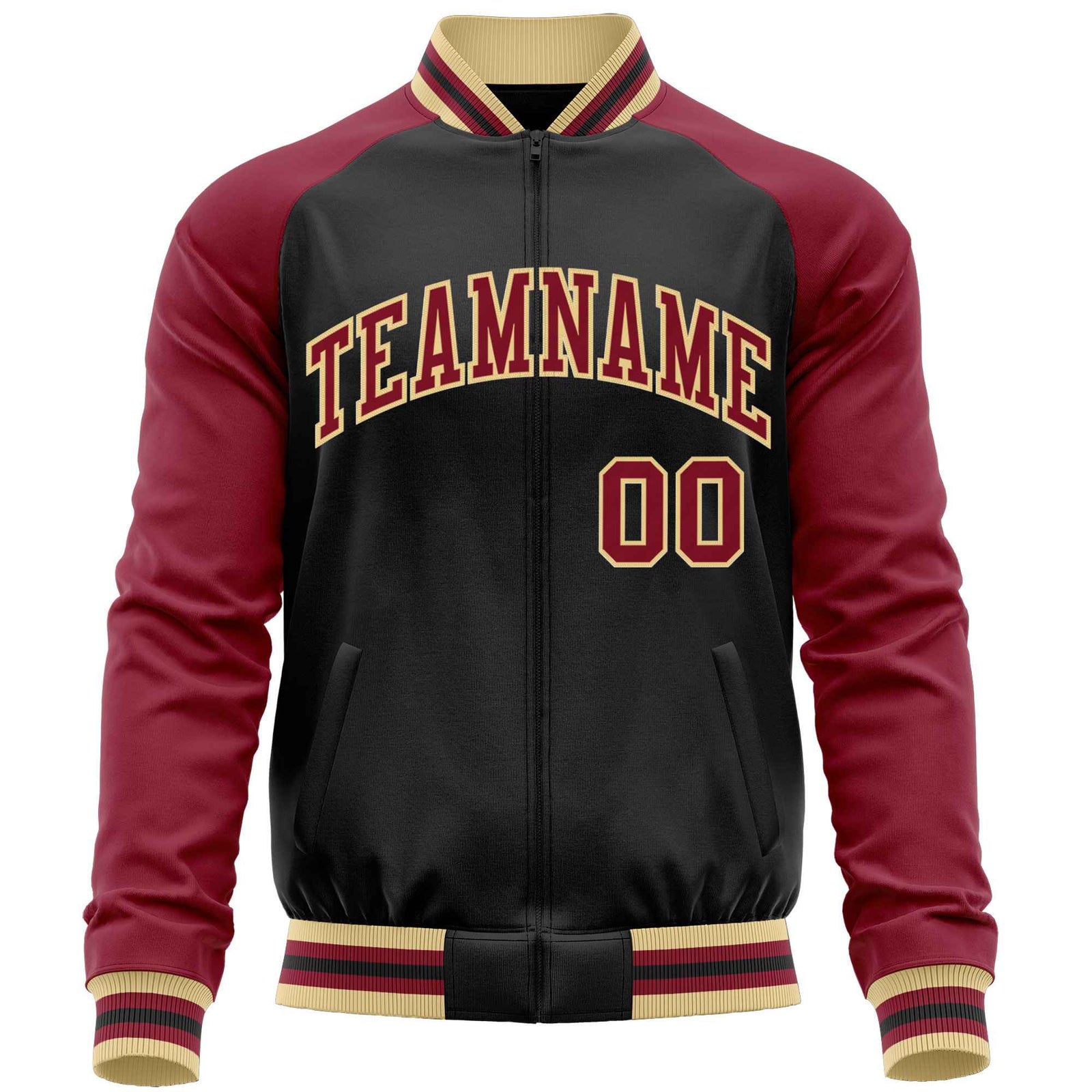 Custom Black Crimson Varsity Full-Zip Raglan Sleeves Letterman Baseball Jacket