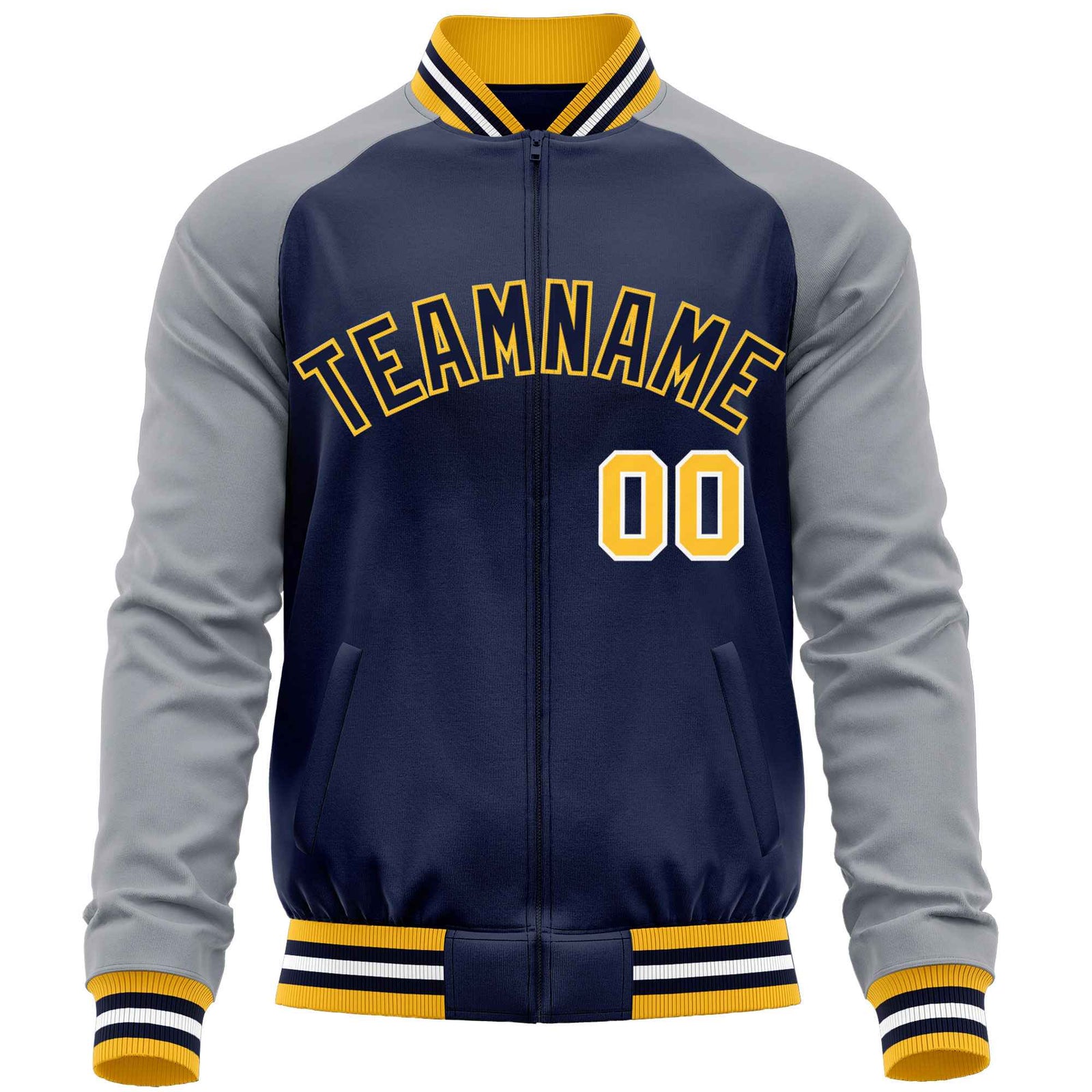 Custom Navy Gray Varsity Full-Zip Raglan Sleeves Letterman Baseball Jacket