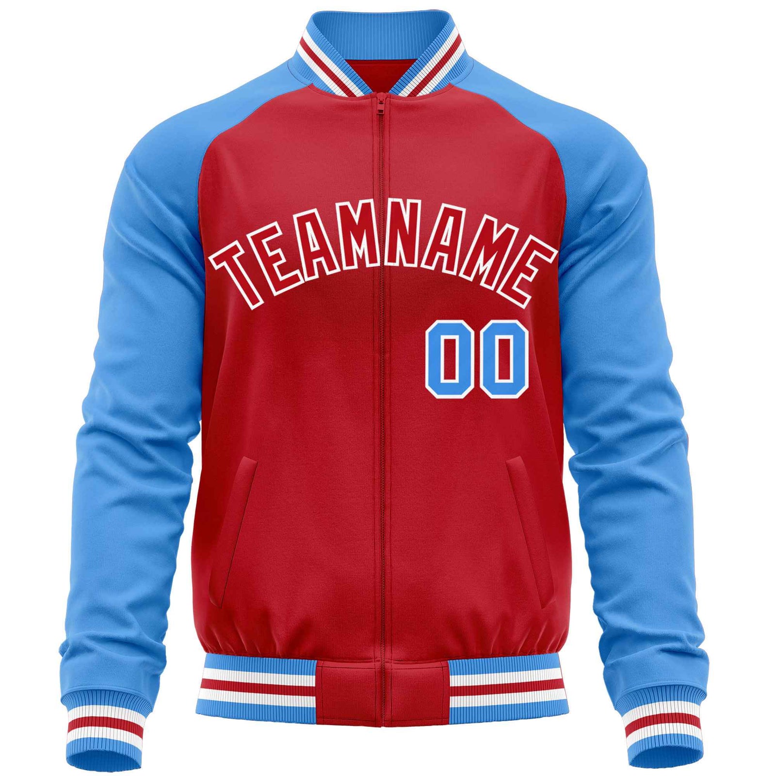 Custom Red Powder Blue Varsity Full-Zip Raglan Sleeves Letterman Baseball Jacket