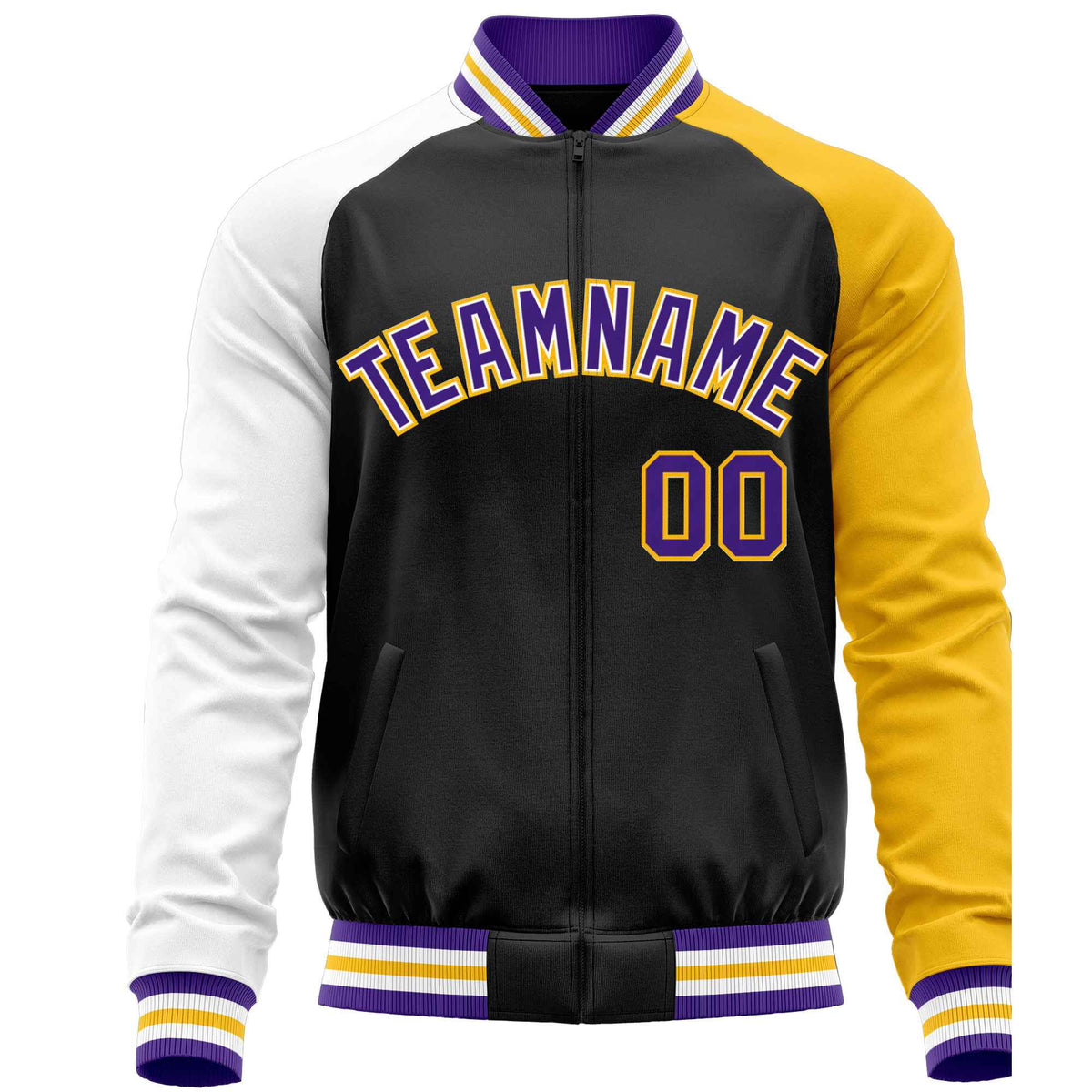 Custom Black Yellow-White Varsity Full-Zip Raglan Sleeves Letterman Baseball Jacket