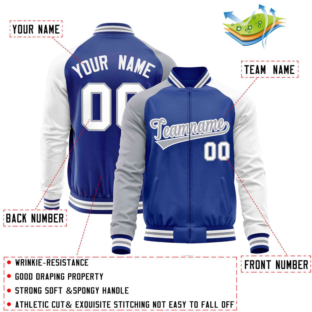 Custom Royal White-Gray Varsity Full-Zip Raglan Sleeves Letterman Baseball Jacket