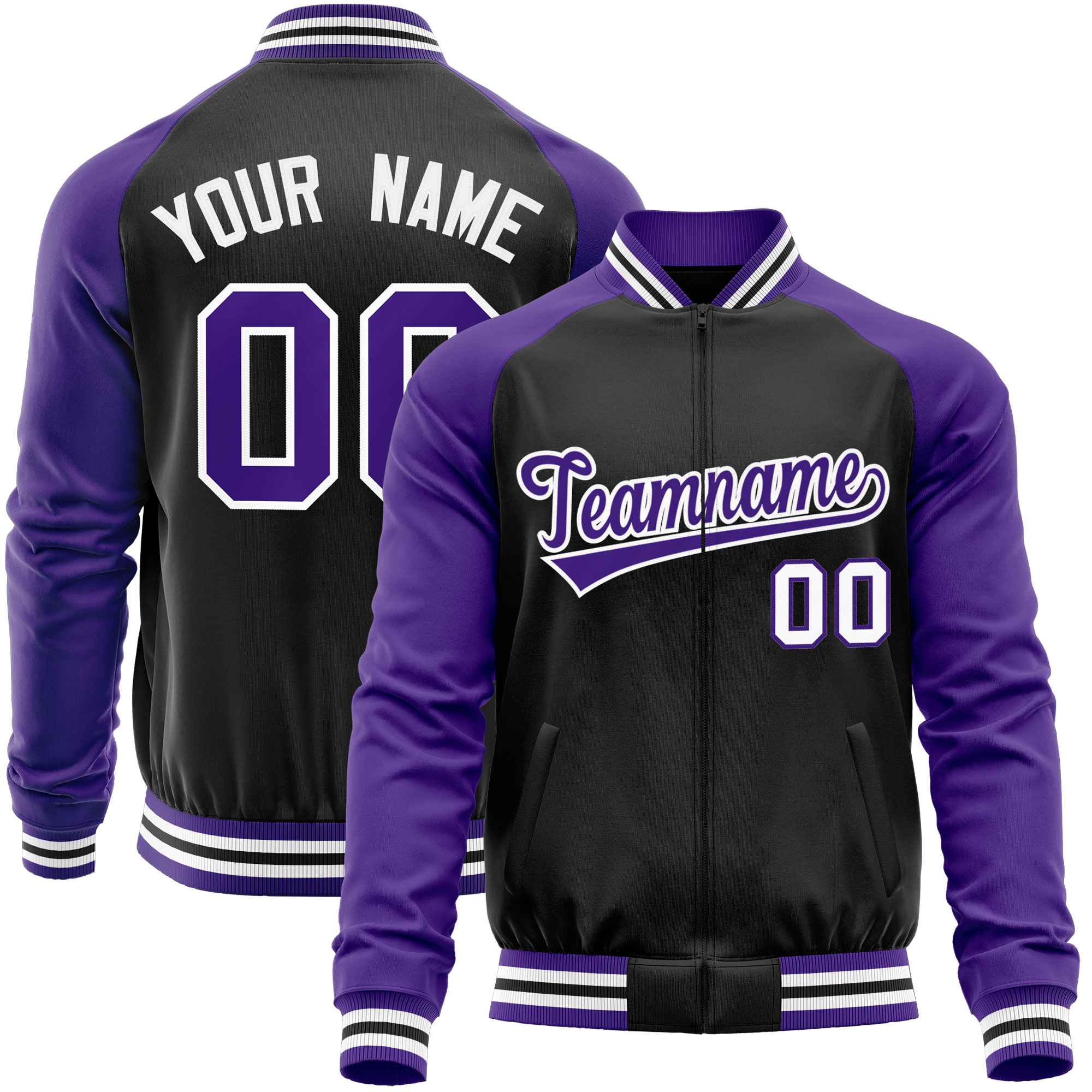 Custom Black Purple Varsity Full-Zip Raglan Sleeves Letterman Baseball Jacket