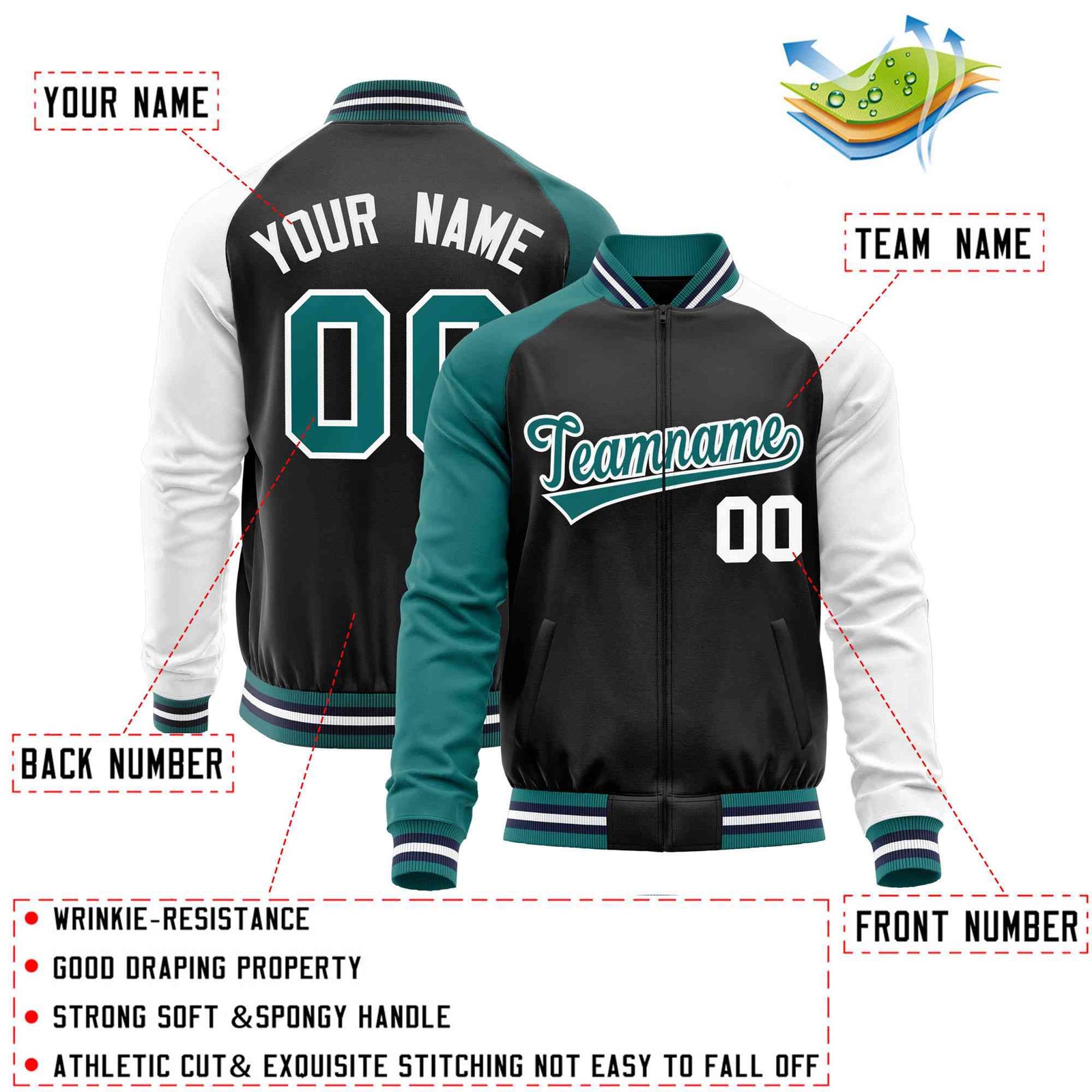 Custom Black White-Aqua Varsity Full-Zip Raglan Sleeves Letterman Baseball Jacket