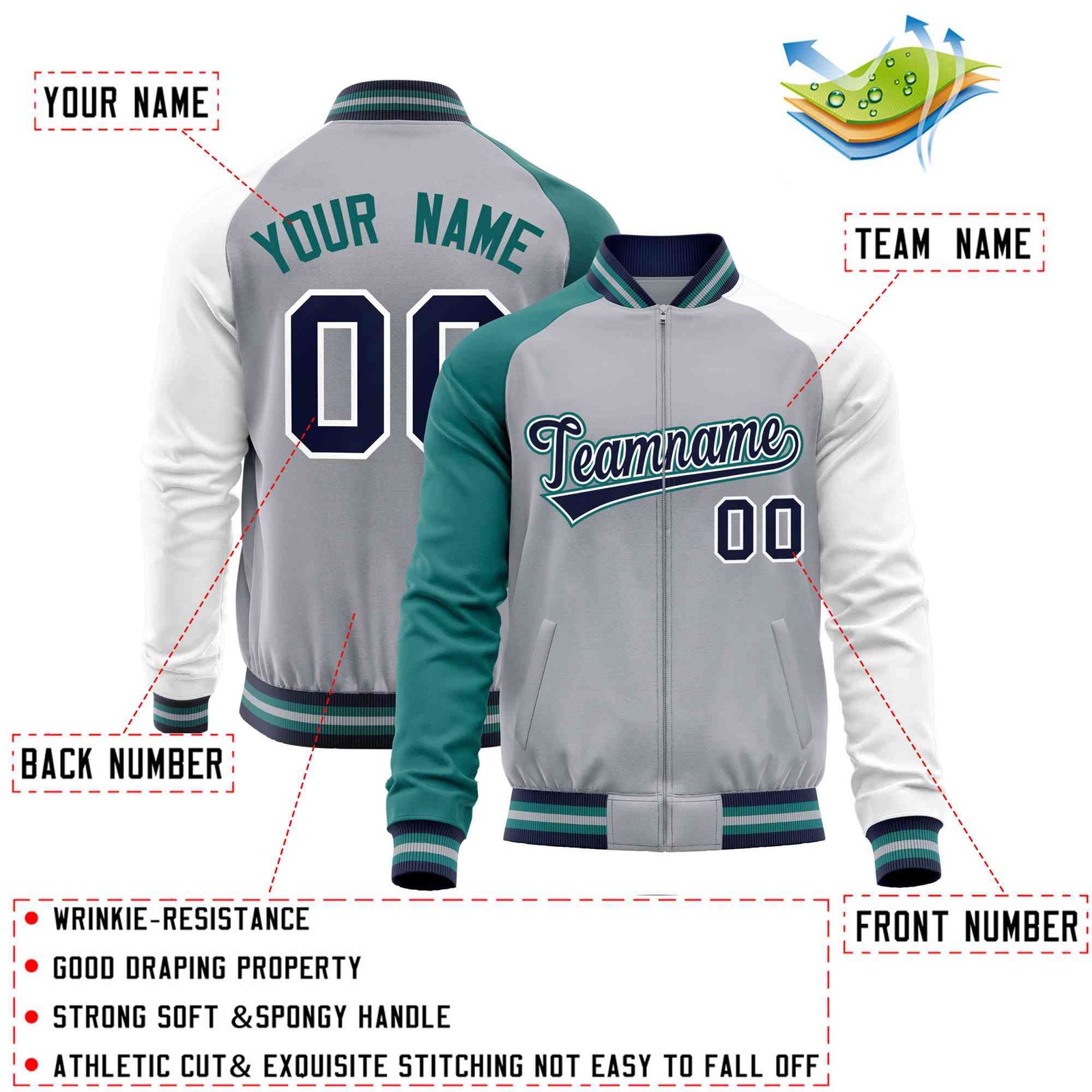 Custom Gray White-Aqua Varsity Full-Zip Raglan Sleeves Letterman Baseball Jacket