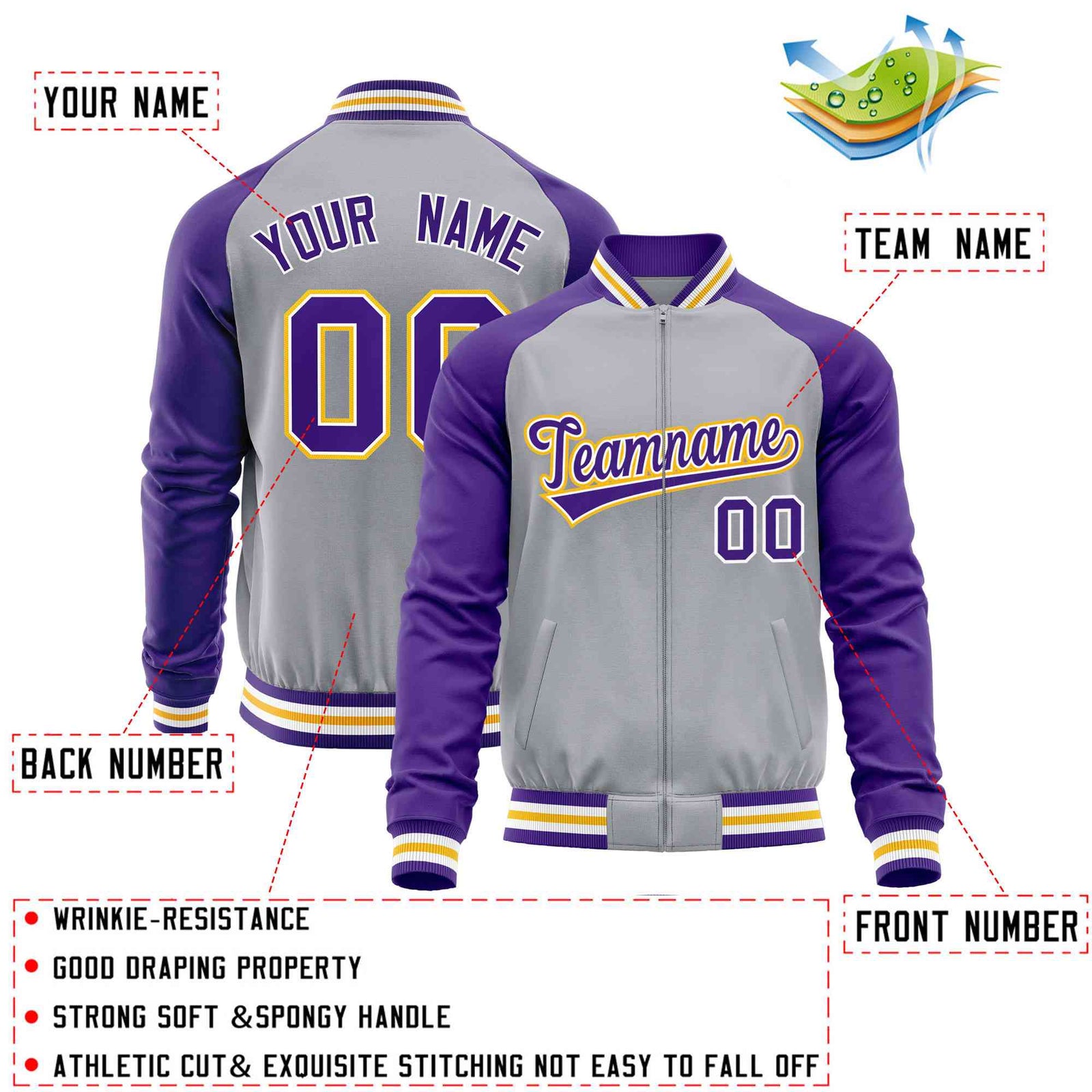 Custom Gray Purple Varsity Full-Zip Raglan Sleeves Letterman Baseball Jacket