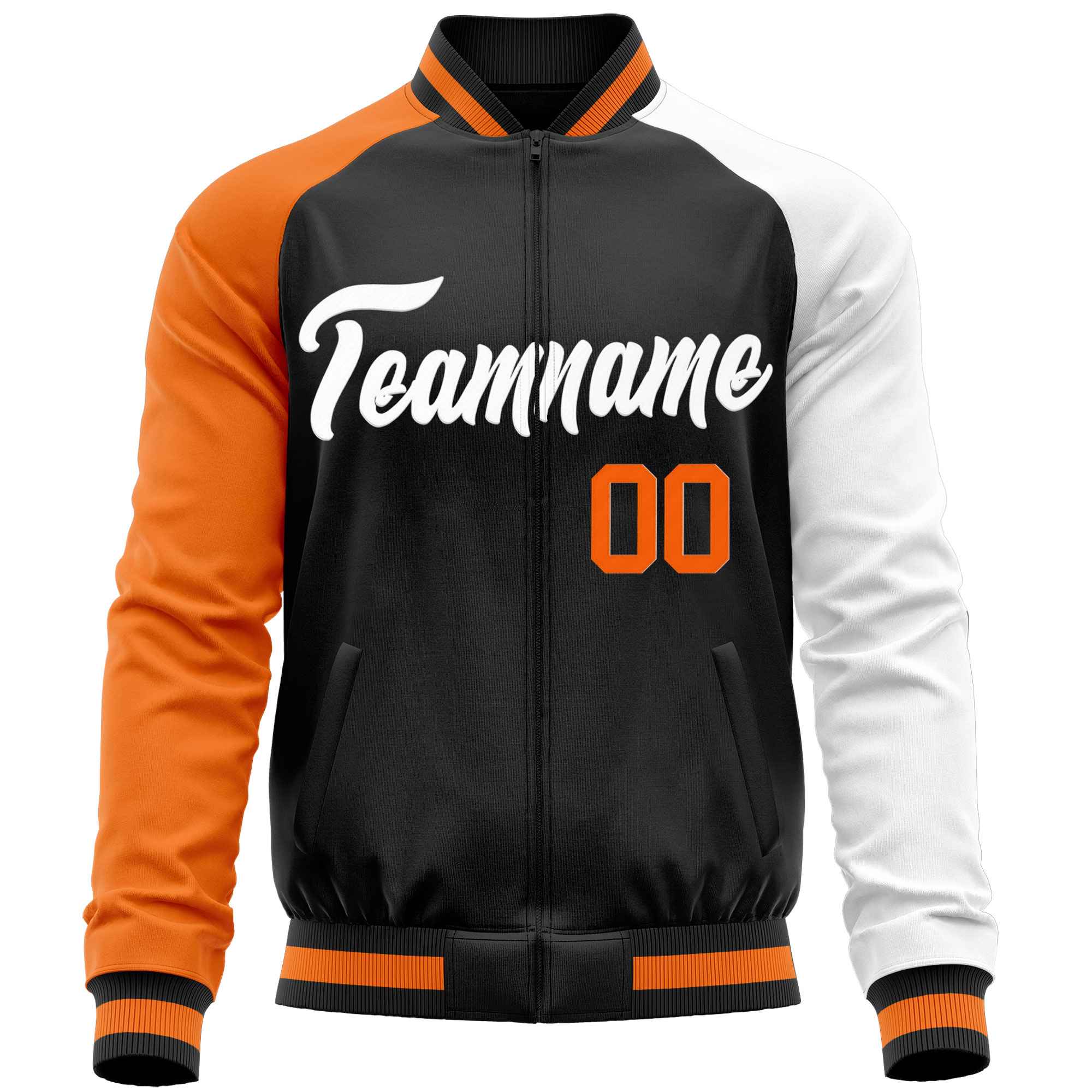 Custom Black White-Orange Varsity Full-Zip Raglan Sleeves Letterman Baseball Jacket