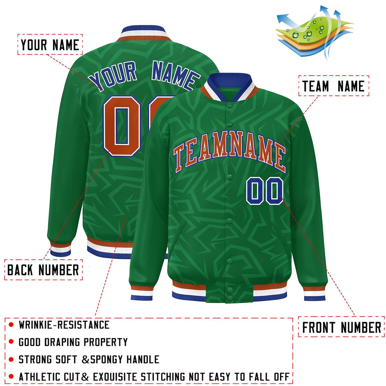 Custom Kelly Green Orange-Royal Stripe Graffiti Pattern Varsity Full-Snap Jacket