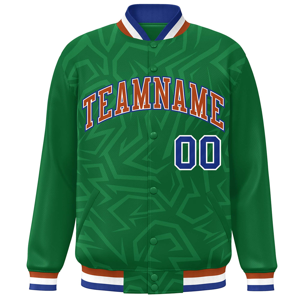 Custom Kelly Green Orange-Royal Stripe Graffiti Pattern Varsity Full-Snap Jacket