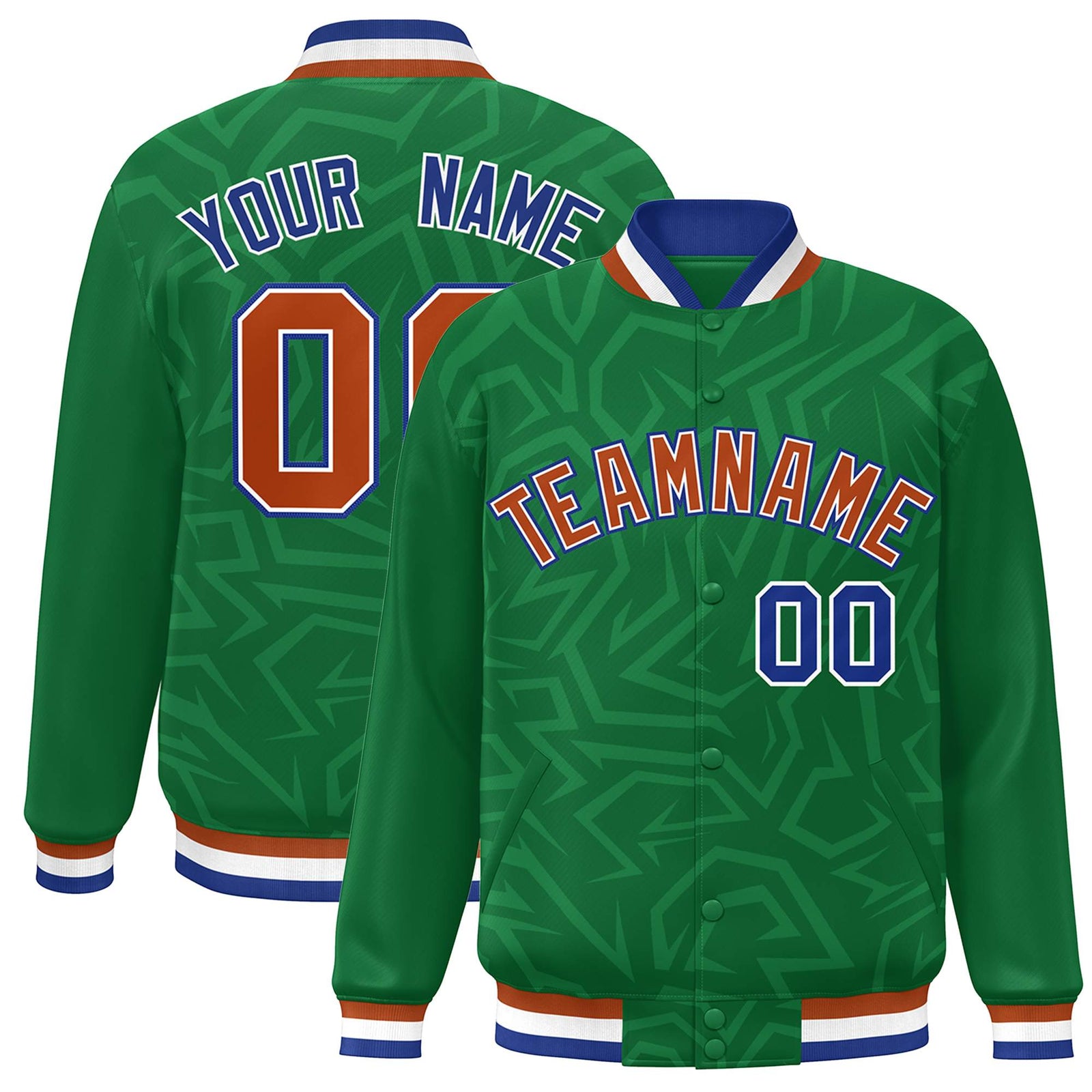 Custom Kelly Green Orange-Royal Stripe Graffiti Pattern Varsity Full-Snap Jacket
