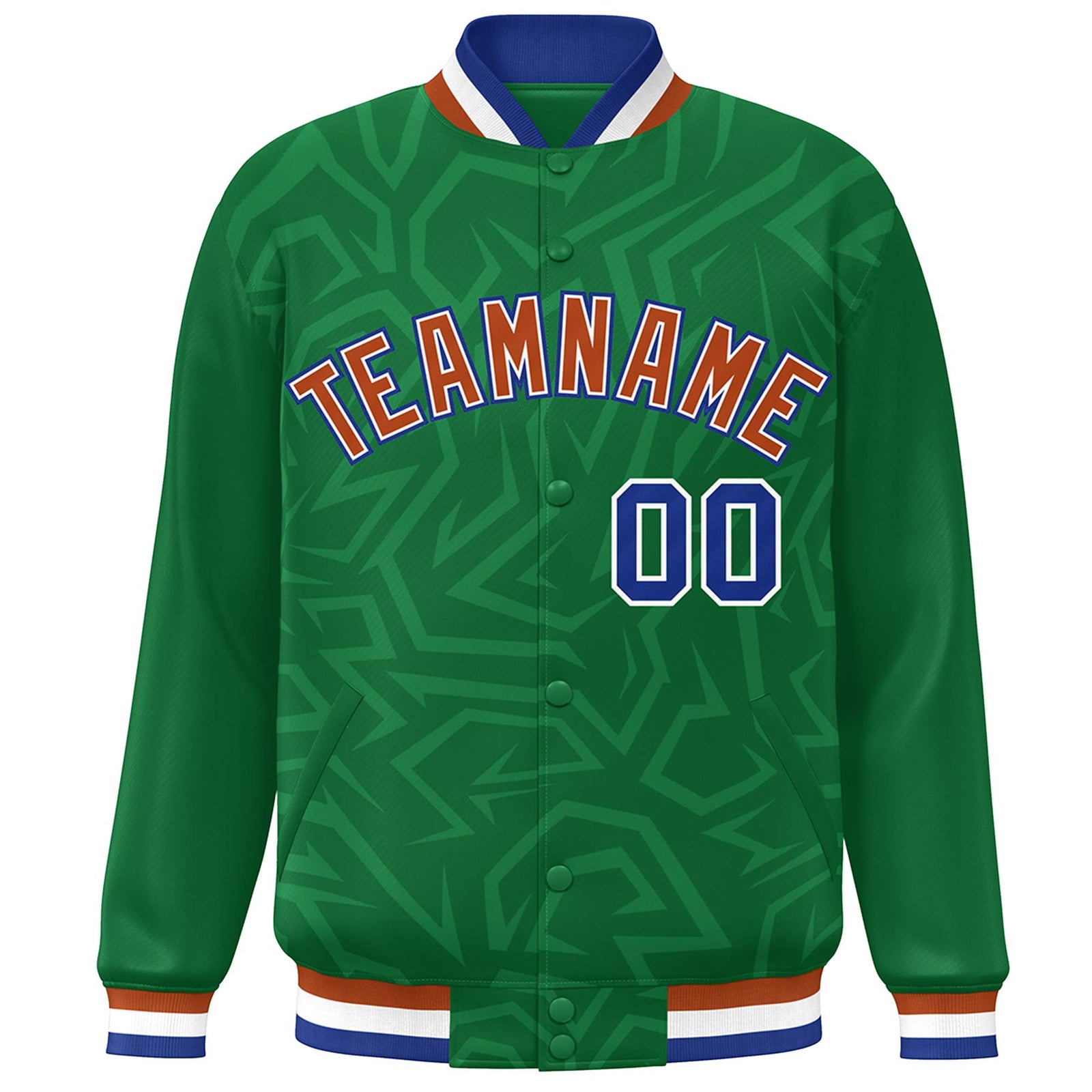 Custom Kelly Green Orange-Royal Stripe Graffiti Pattern Varsity Full-Snap Jacket