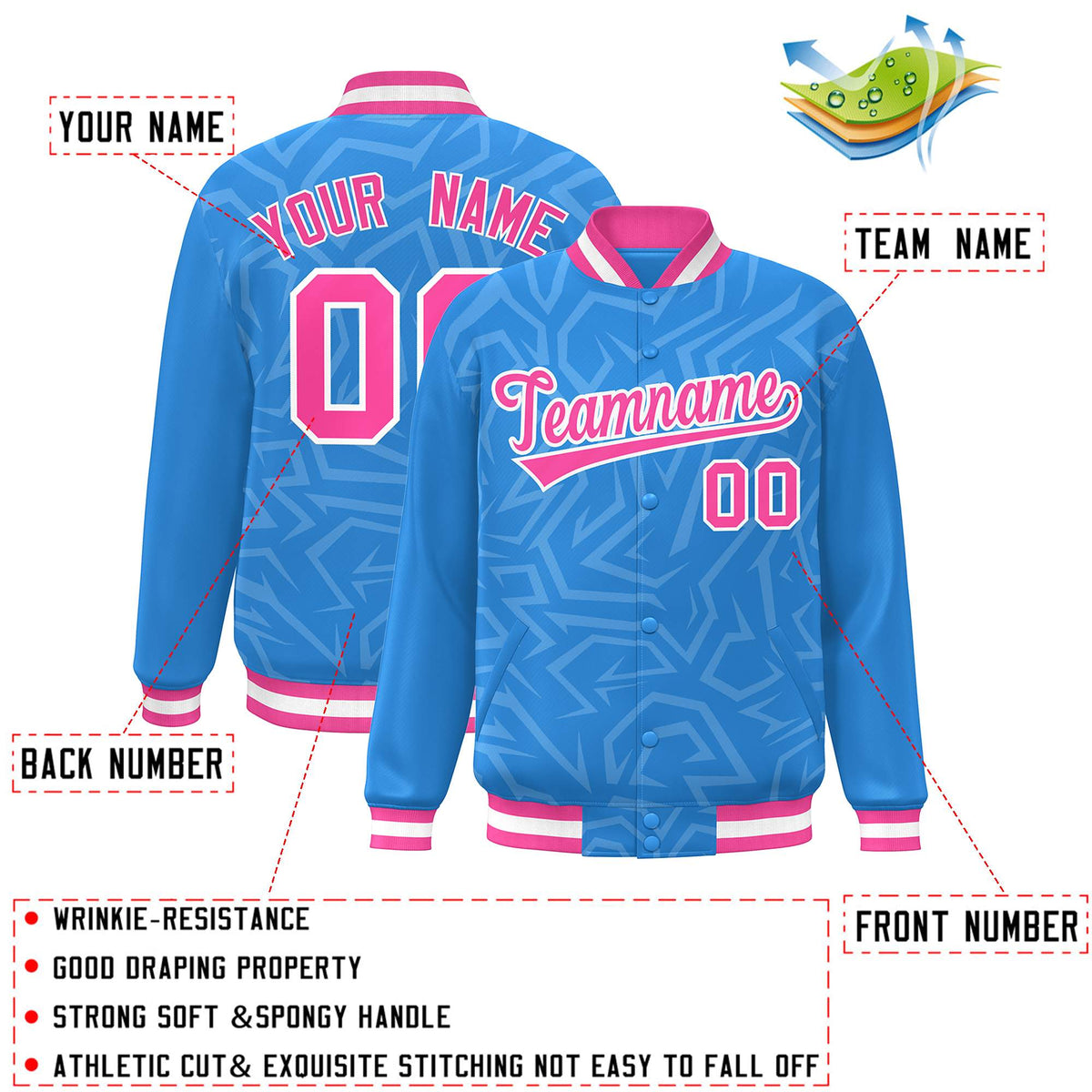 Custom Powder Blue Pink-White Stripe Graffiti Pattern Varsity Full-Snap Jacket