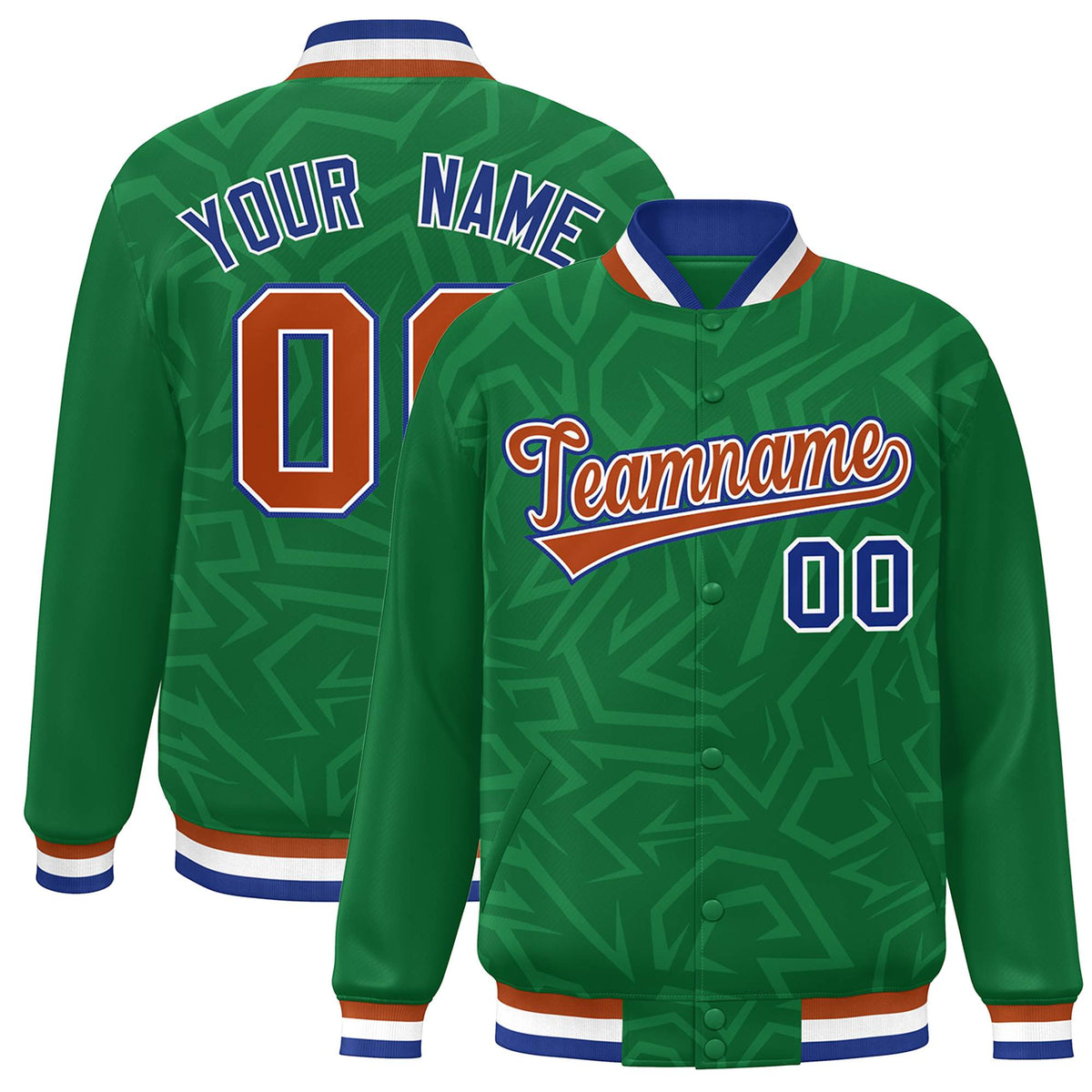 Custom Kelly Green Orange-Royal Stripe Graffiti Pattern Varsity Full-Snap Jacket