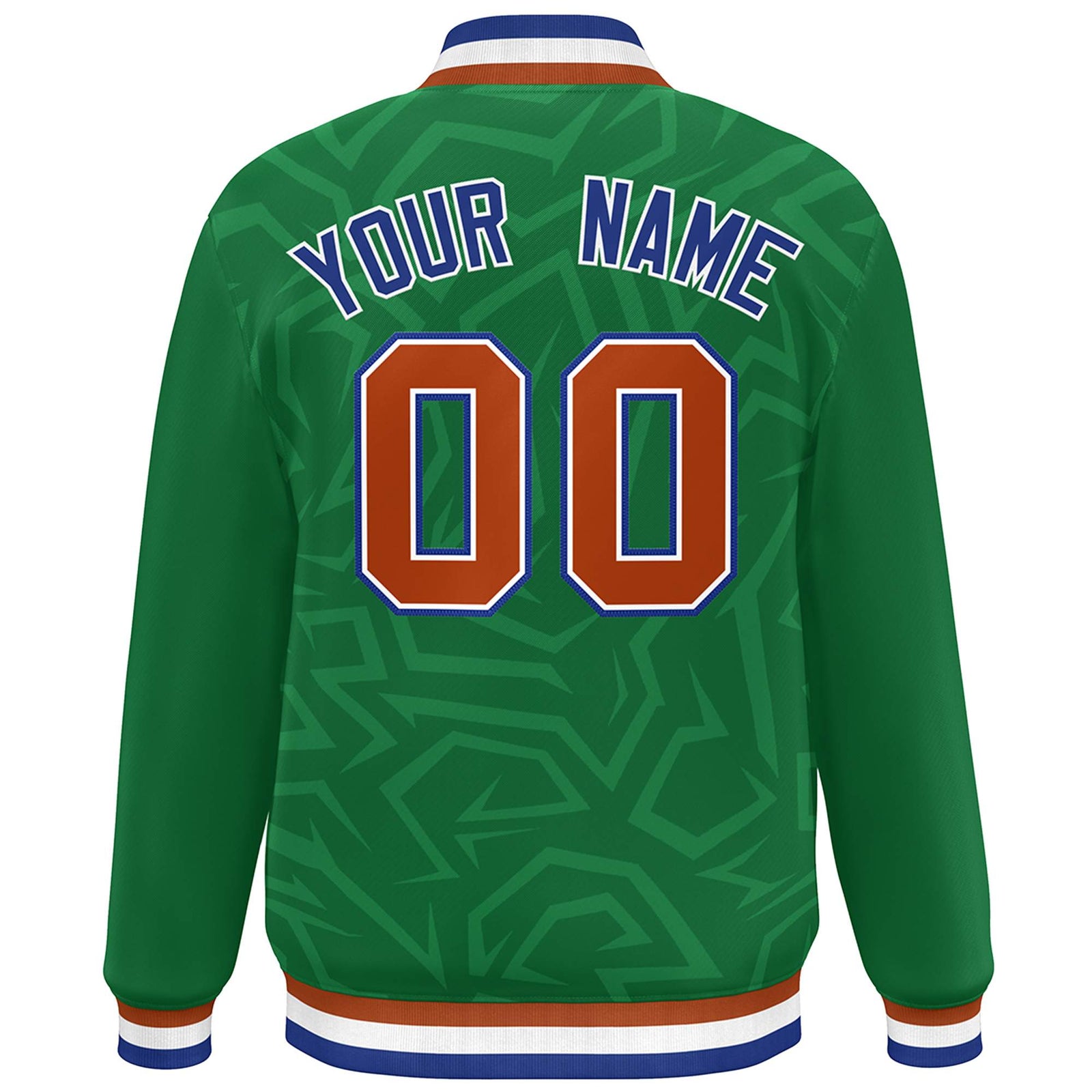 Custom Kelly Green Orange-Royal Stripe Graffiti Pattern Varsity Full-Snap Jacket